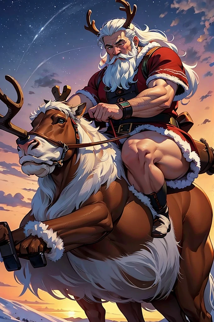 masterpiece, highest quality, buff shirtless santa claus riding a reindeer, snow covered landscape, sunset, beautiful sky,