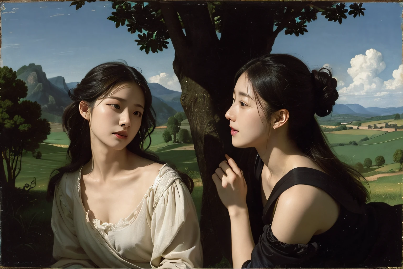 Poussin-style landscape,A smile,,Sweet and seductive appearance.、Caravaggio's paintings、Chiaroscuro of Caravaggio、Hair disheveled in the wind,Two women frolicking