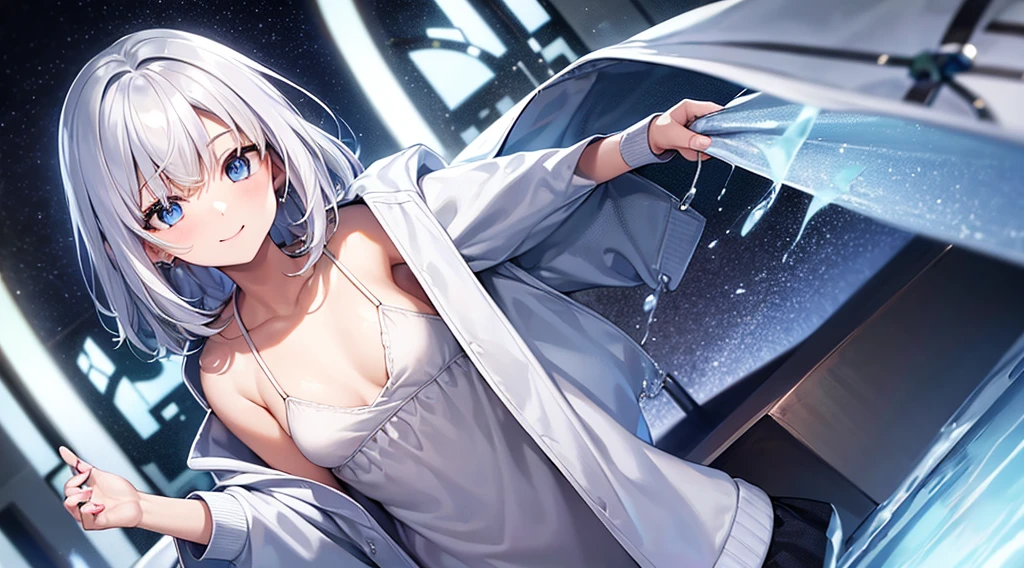 mid-shot, Look at viewers, hands behind back, girl with, 20 years old, Very short hair, long bangs between eyes, hair over shoulder, Grey Hair, Floating hair, ^ ^, pale blue eyes, Short dress, Hoodie, Skirt, Bare shoulder, White clothes, , Extremely detailed,(​masterpiece、top-quality)、独奏、1womanl、White hair、the tips of the hair are blue、Blue eyes、A smile、White skin as clear as snow、Small breasts, Silver hair, Blue eyes, Beautiful eyes, Teen Girl, ???????, charmed, be smitten with audience, Hoodie, Hoodie with open front, Shoulder out,on the beds,inside in room,laying on back,