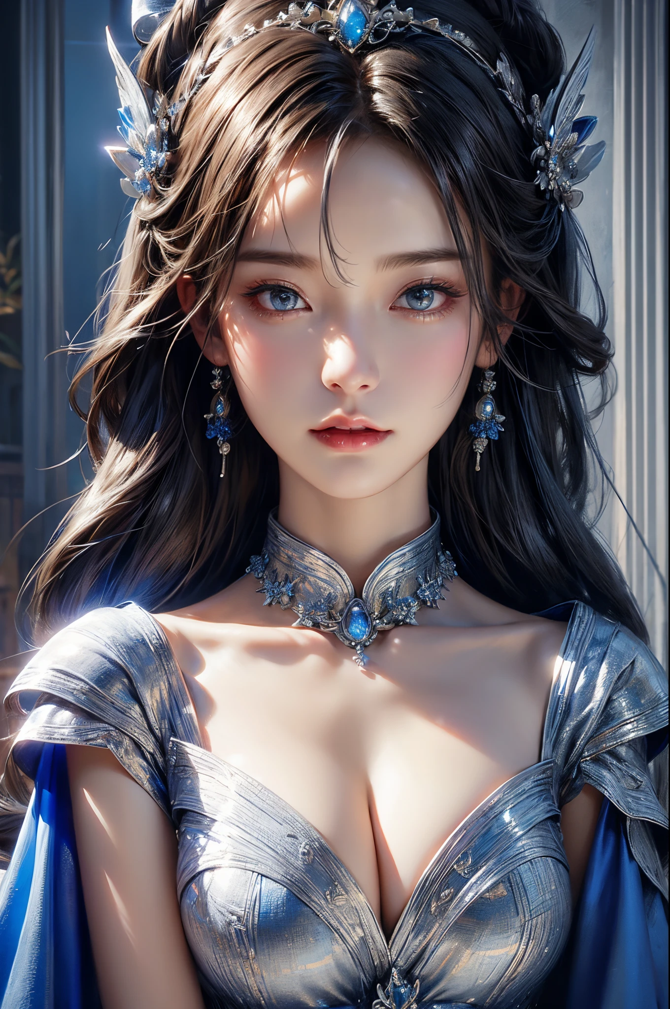 a close up of a woman in a silver and blue dress, chengwei pan on artstation, by Yang J, detailed fantasy art, stunning character art, fanart best artstation, epic exquisite character art, beautiful armor, extremely detailed artgerm, detailed digital anime art, artgerm on artstation pixiv, armor girl