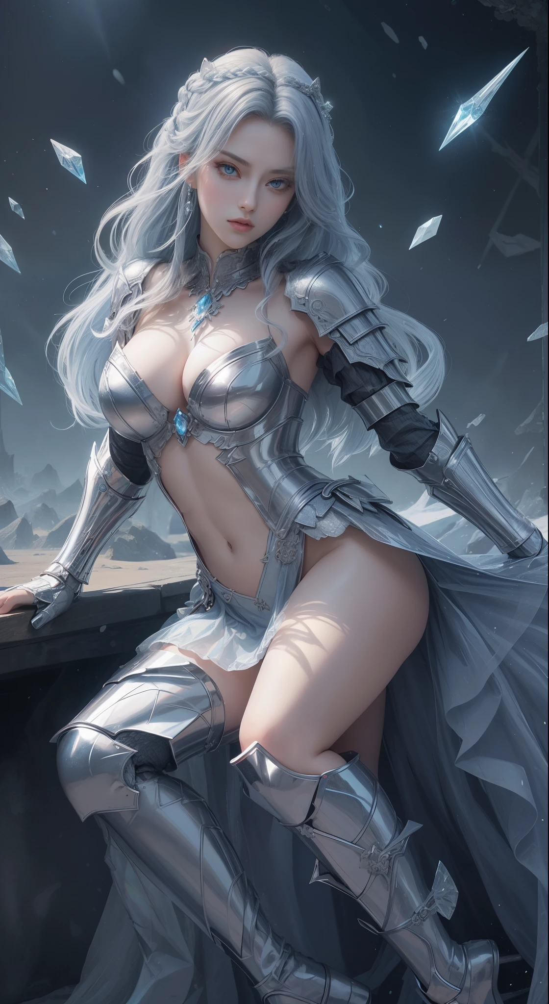 tmasterpiece,Highest image quality,,Beautiful female knight full body portrait,Exquisite blue single braid hairstyle,Clear eyes,The sword,armour,high heels boots,crystal,Ultra-detailed details,advanced。At the Pixiv Art Station,Break your own power,Luigi,Big breasts exposing cleavage,R-18G