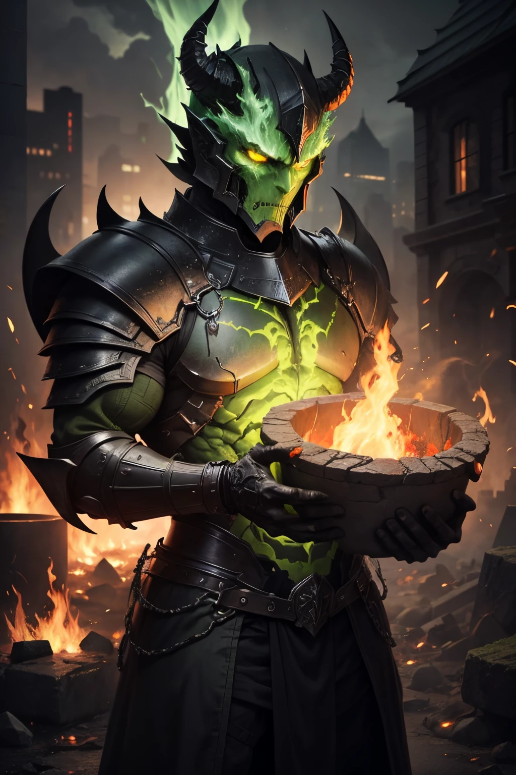 devil in hell,dark green body,Yellow eyes,He is light green.,Put on gray stone armor.,The background is a well of acid and flames.,city in hell