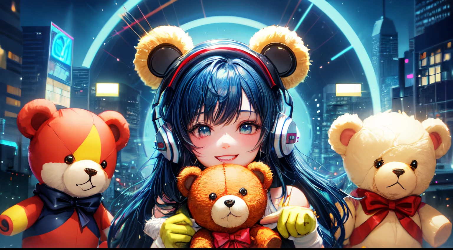 cyber punk style,laser,The city of the future,A group of happy teddy bears,Extremely cute furry artist Teddy Bear baby wearing a dress and having fun,Don't be characterized,Gorgeous dreamy imaginative background,Ultra HD large image,artist style,Rich and professional lighting effects,A group of little teddy bears playing,Perfect facial detail,Don't be characterized