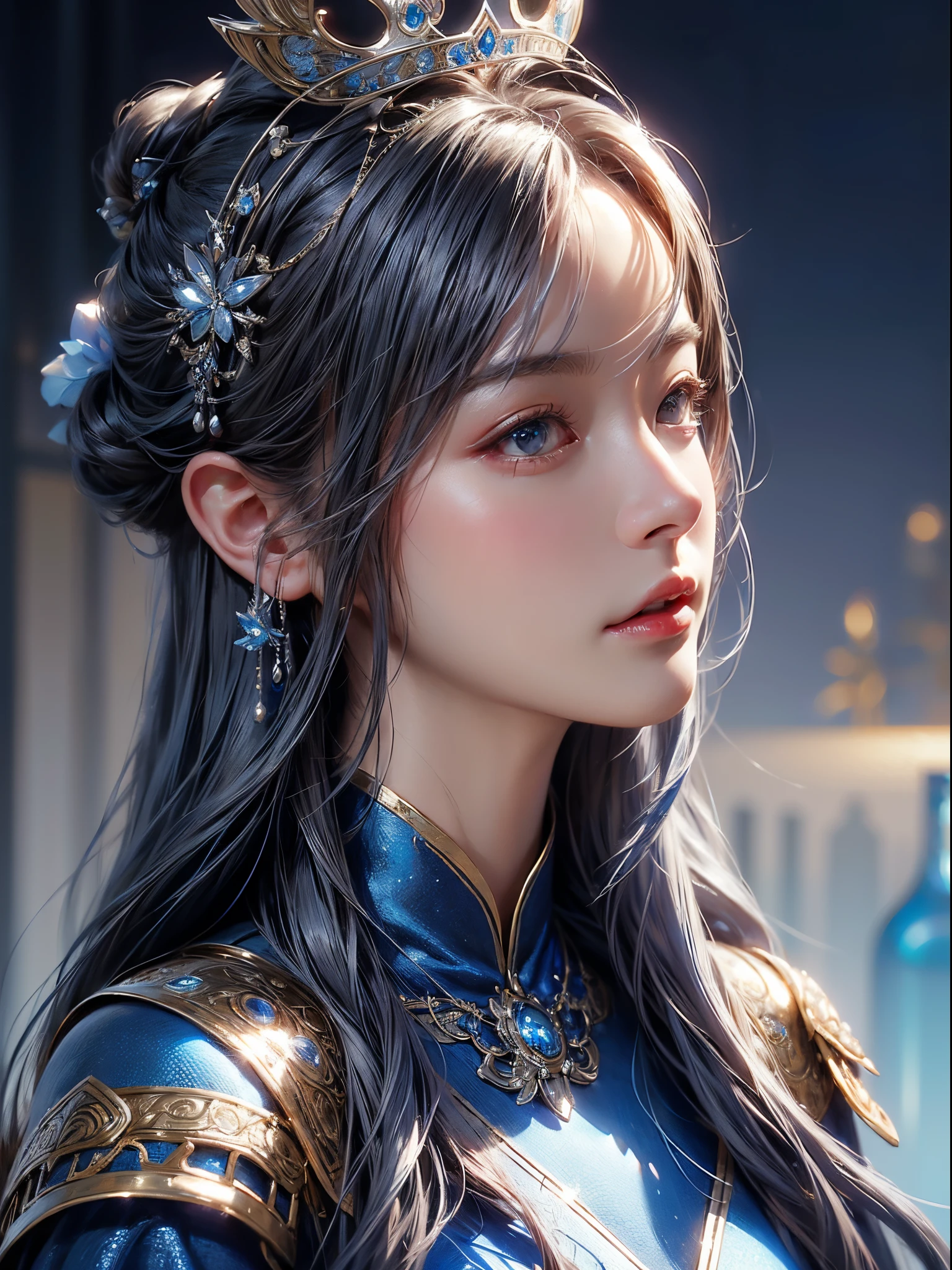 a close up of a woman in a silver and blue dress, chengwei pan on artstation, by Yang J, detailed fantasy art, stunning character art, fanart best artstation, epic exquisite character art, beautiful armor, extremely detailed artgerm, detailed digital anime art, artgerm on artstation pixiv, armor girl
