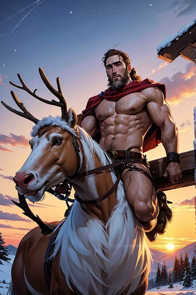 masterpiece, highest quality, buff shirtless nicholas cage as santa claus riding a reindeer, snow covered landscape, sunset, beautiful sky