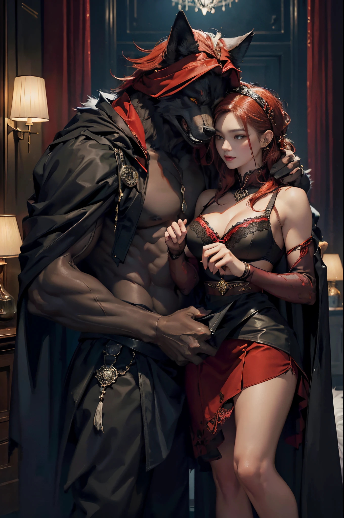 Depicts a powerful werewolf hugging a blonde girl,(((black humanoid wolf))),(((Black furry humanoid wolf))),(((beautiful sexy girl))),(((Girls wear:red head band, cloaks, Large bra, a skirt, red long skirt,laced dress))),((Sexual suggestiveness)),Correct anatomy,Detailed faces, 詳細な目,(((the right proportions))),The city at night,The lights came on,romantic love story,Warm pictures,warm color palette,フォトリアリスティック,ultra real photo,