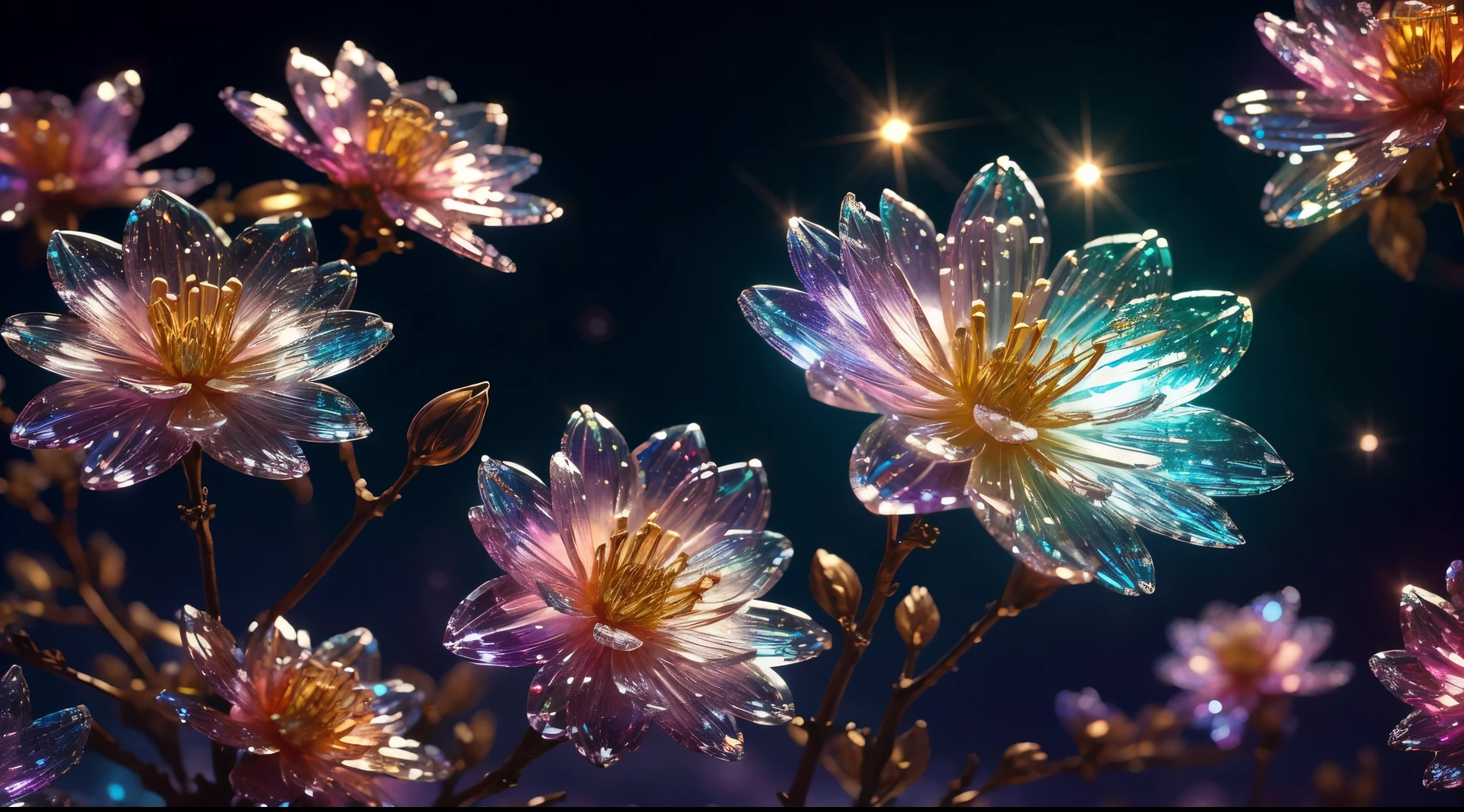 Crystal Spring Blossom,
Fantasy, galaxies, Transparent,glistening, sparkling, splendid, colourfull, Extreme Wide Shot,
magical photography, with dramatic lighting, photo realism, Ultra-detailed, 4k, high resolucion
