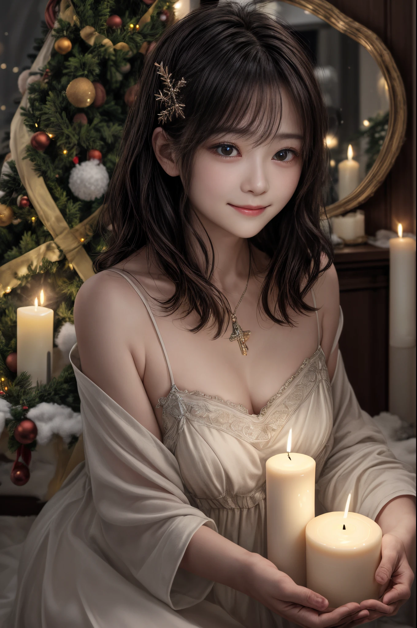 infp young woman、shorth hair、big eye、clear amber eyes、innocent smiles、Christmas tree decoration、Holy Night、darkened room、There are many candles placed、Candlelight、depth of fields、masterpiece、Ultra-realistic、ultra-quality、超A high resolution、The candle flame is reflected in my eyes:1.3、