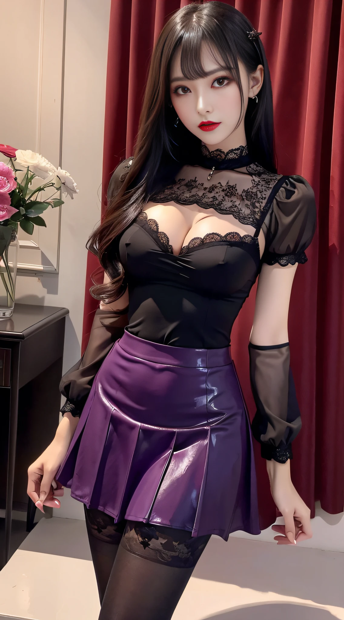 Charming beauties、校服、blouse、tight skirts、Evil Female Executive、Evil Fall、dark、brainwash、thighband pantyhose、lacy fabric、Glossy legs、Red lipstick、Evil look、Suspicious look、Hollow eyes、darkened room、Night、wicked、drink purple liquid、seductiv