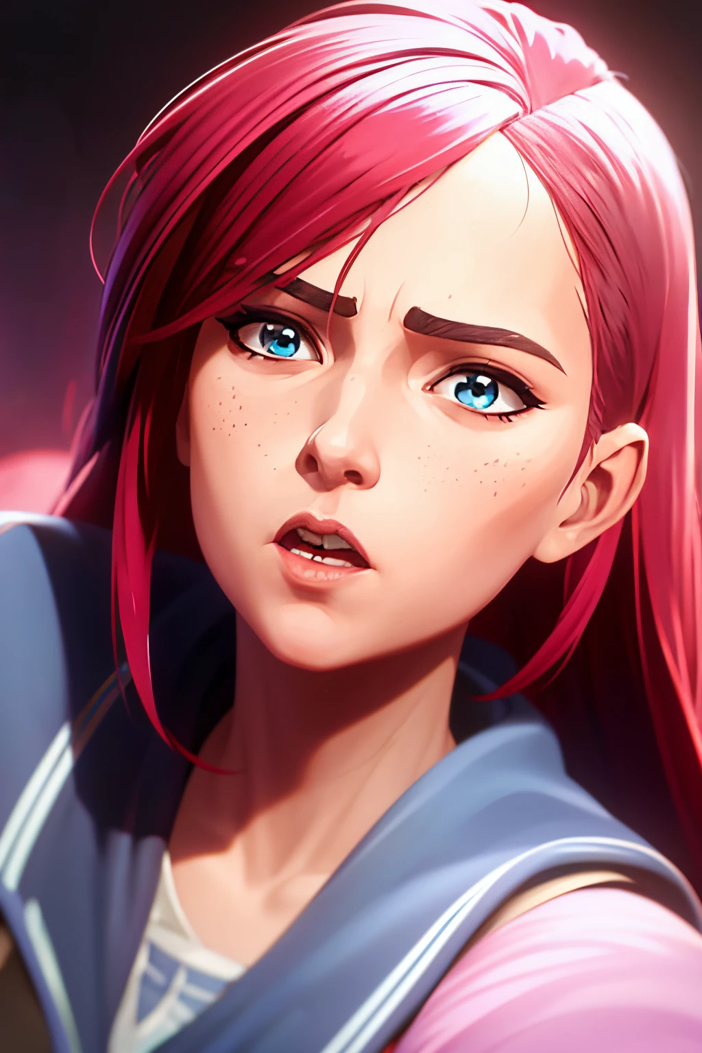 a close up of a woman with blue hair, artgerm and atey ghailan, extremely detailed artgerm, artgerm detailed, ig model | artgerm, artgerm. high detail, artgerm lau, ! dream artgerm, artgerm jsc, artgerm portrait, artgerm style, masterpiece , a girl , red long hair , blue eyes , gradient , perfect figure , surprised face , mouth open wide , frightened expression , shocked face , detailed face ,, , (8k, best quality 1.2), ultra-detailed, 8k uhd,, soft lighting, high quality, beautiful lighting,, (cinematic:1.4) , best illumination, best shadow, sharpness, contrast , portrait , nothing in foreground , focus on face , looking up
