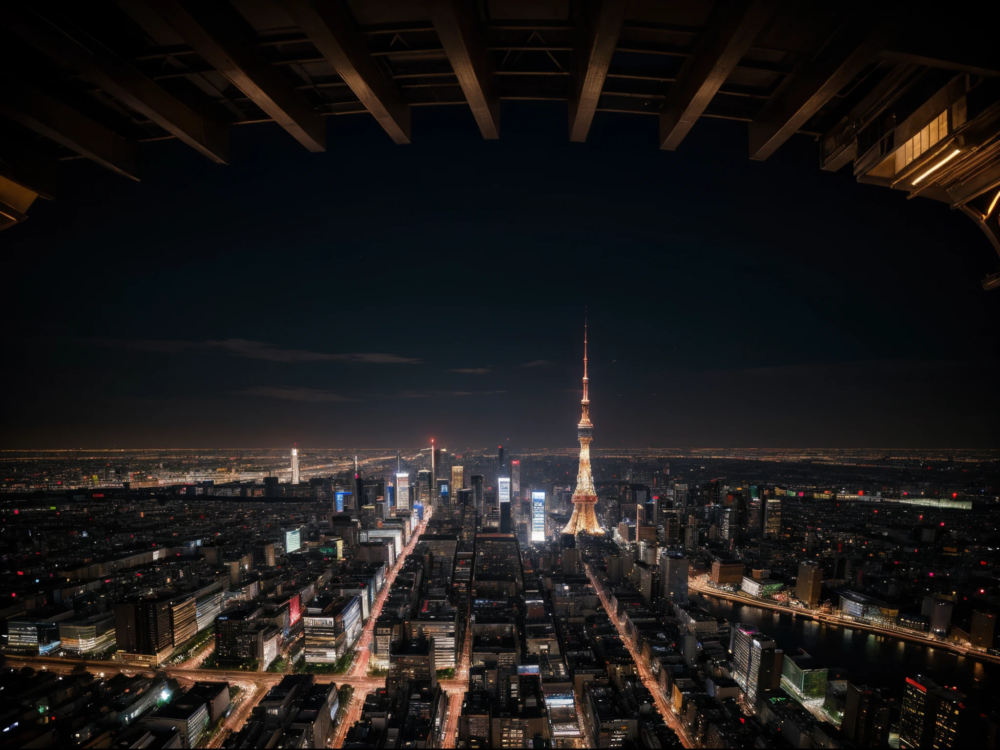 The glittering Tokyo Skyline at night, seen from either Tokyo Tower or Tokyo Skytree, is truly awe-inspiring. This stunning photograph captures the city lights in exquisite detail, showcasing a mesmerizing blend of neon hues against the dark backdrop of the night sky. The towering skyscrapers, like majestic sentinels, pierce through the darkness, emanating a sense of grandeur and modernity. The colors are vividly rendered, with vibrant streaks of red, blue, and gold illuminating the urban landscape. The image's exceptional clarity and precision highlight every architectural marvel and bustling street below. Each tiny light, like a star, contributes to a larger symphony of a metropolis teeming with life and energy. This captivating image transports viewers into the heart of Tokyo's vibrant nocturnal wonders, leaving them breathless and longing to step into the pulsating rhythm of the city that never sleeps.