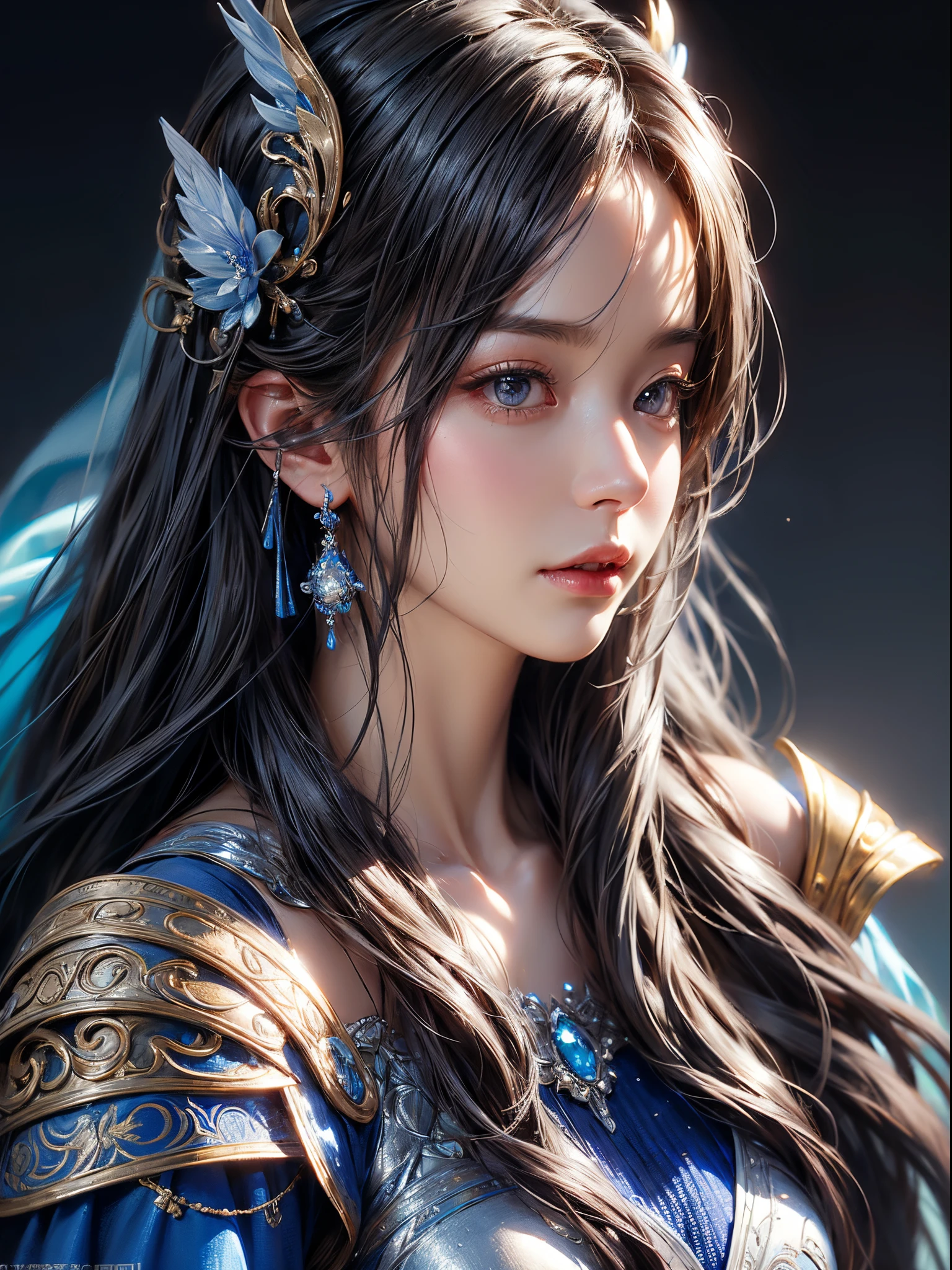 a close up of a woman in a silver and blue dress, chengwei pan on artstation, by Yang J, detailed fantasy art, stunning character art, fanart best artstation, epic exquisite character art, beautiful armor, extremely detailed artgerm, detailed digital anime art, artgerm on artstation pixiv, armor girl