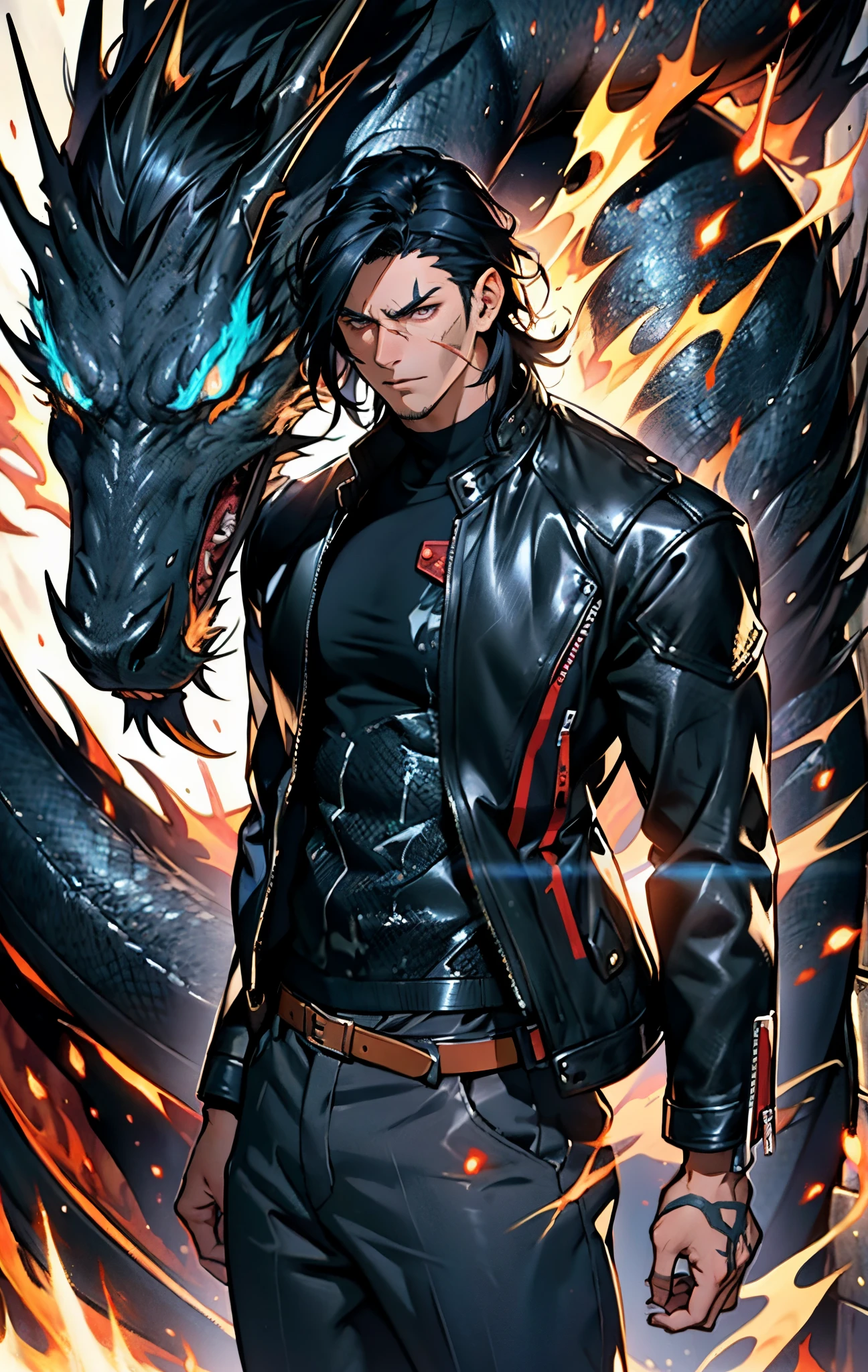 A young man, dark blue short hair, long bangs covering half of his face, sharp eyes, a long scar on his face, an expression of discontent, a fantasy-realistic style leather jacket over a dark undershirt, trousers that matching the outfit, black fire swirling around, the background depicts a menacing dragon formed by black flames, this character embodies a finely crafted fantasy-realistic in anime style, exquisite and mature manga+comic art style, high definition, best quality, highres, ultra-detailed, ultra-fine painting, extremely delicate, professional, anatomically correct, symmetrical face, extremely detailed eyes and face, high quality eyes, creativity, RAW photo, UHD, 8k, Natural light, cinematic lighting, masterpiece-anatomy-perfect, masterpiece:1.5