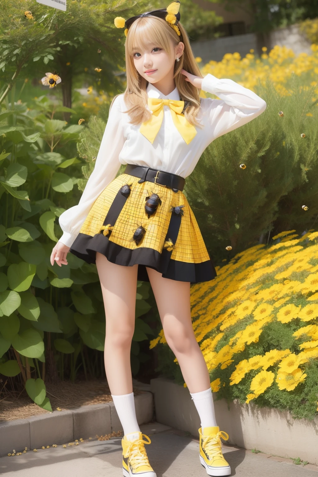High school girl idol、full body Esbian、、Gal fashion full of bees(yellow and black micro miniskirt)、a blond、