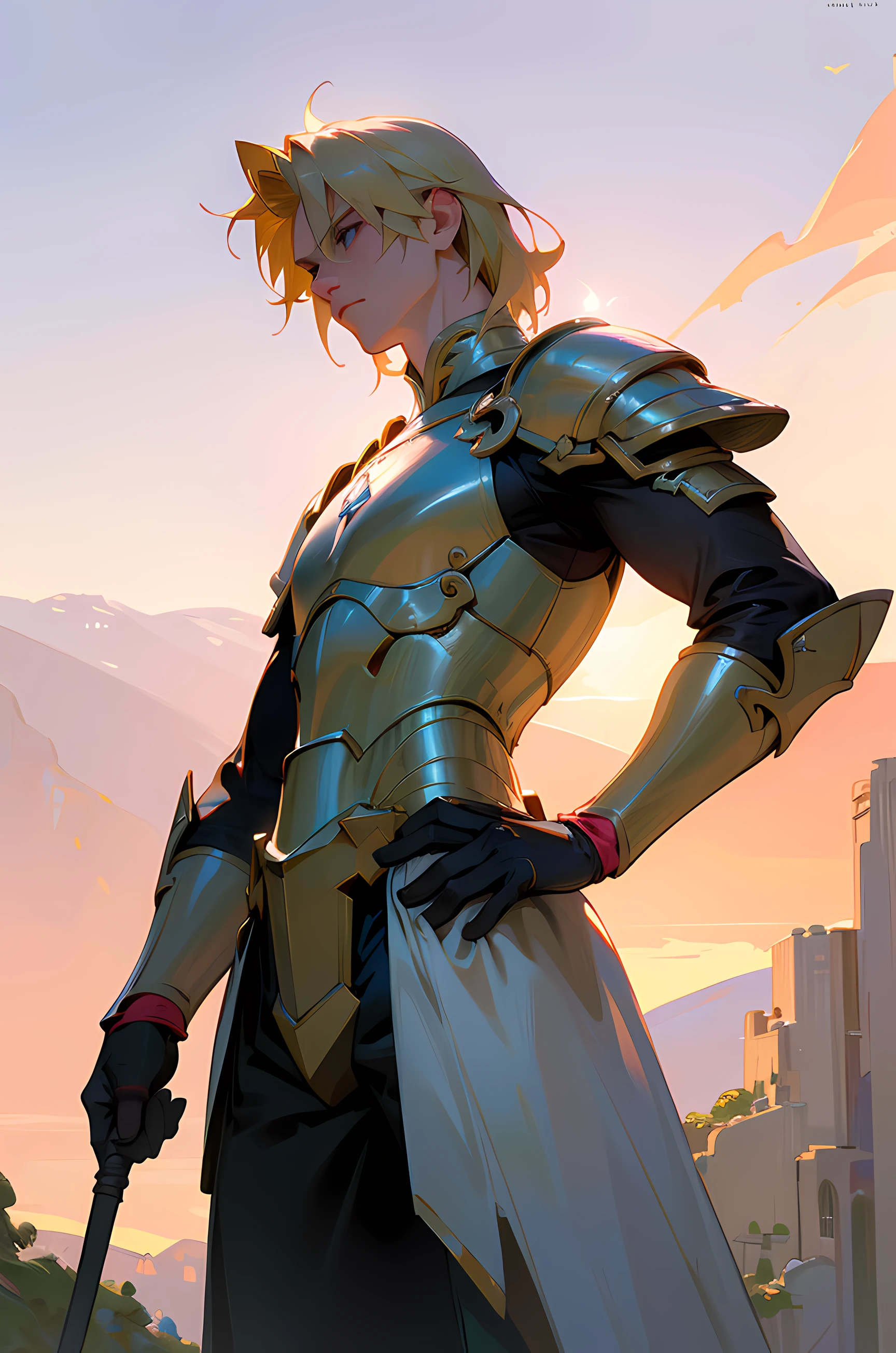 (best quality,4k,8k,highres,masterpiece:1.2),ultra-detailed,(realistic,photorealistic,photo-realistic:1.37),Hero Boy,fantasia,RPG,blond-haired hero,shiny white armor with pink and red accents,serious gaze,no helmet,looking towards the horizon,legendary hero,illustration,hdr,vivid colors,sharp focus,lush scenery,heroic stance