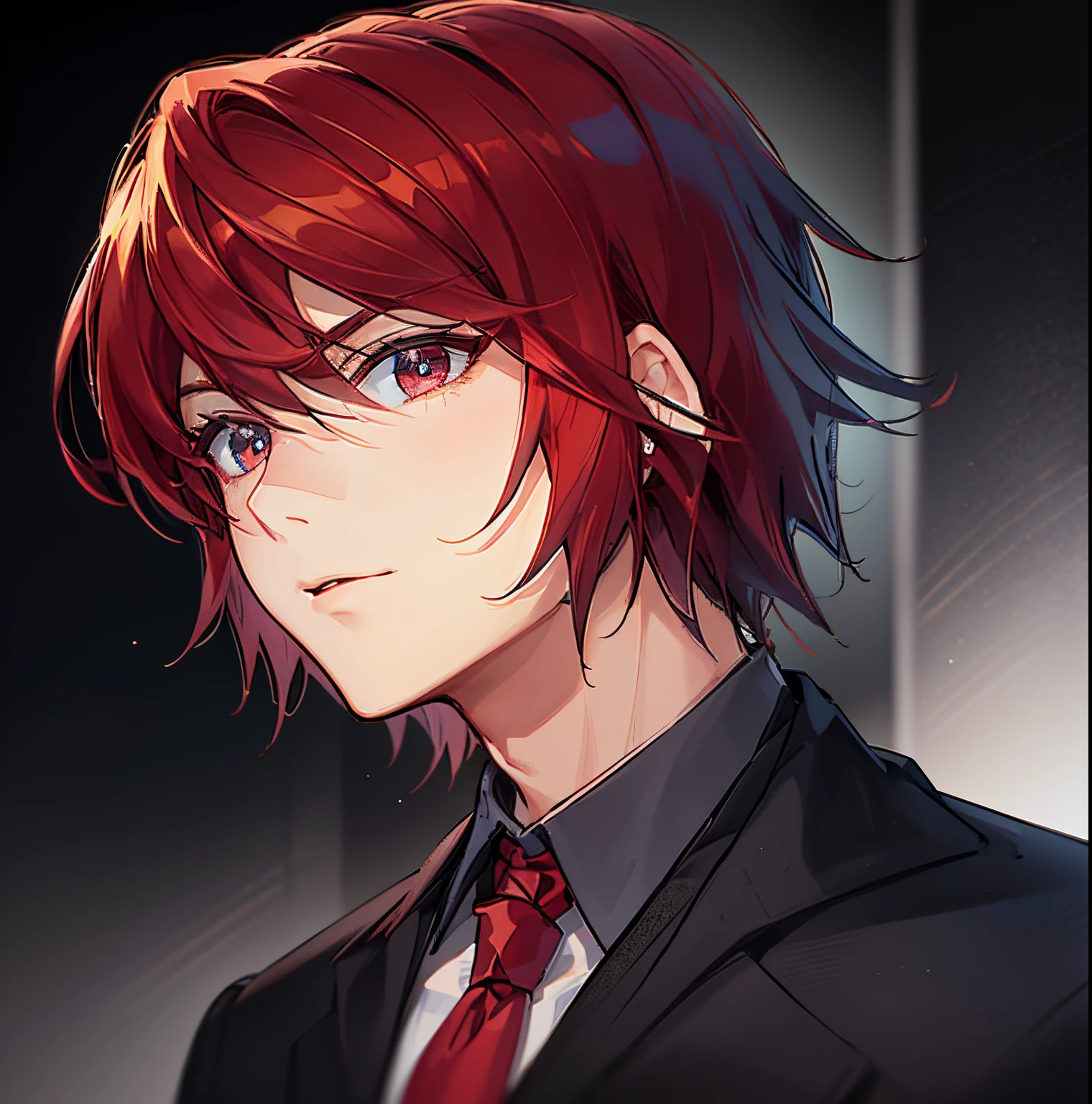 Imagine a grown man in his 20s, emanating a unique presence in an anime art style. His blond hair, disheveled to create a relaxed aura, falls loosely over his forehead. Intense, captivating red eyes add an enigmatic touch to his expression. He is dressed sophisticatedly in a crisp white shirt, a red tie that contrasts elegantly and black pants that add a modern touch. A black overcoat. The man's facial expression is intriguing, with a penetrating gaze that suggests confidence and mystery. His posture is upright, conveying an imposing, self-confident presence. The overall style of the illustration should incorporate typical anime characteristics, such as expressive eyes, soft features and an atmosphere that highlights the character's unique personality. Highlight the combination of elegance, youth and mystery, creating a visually engaging composition.