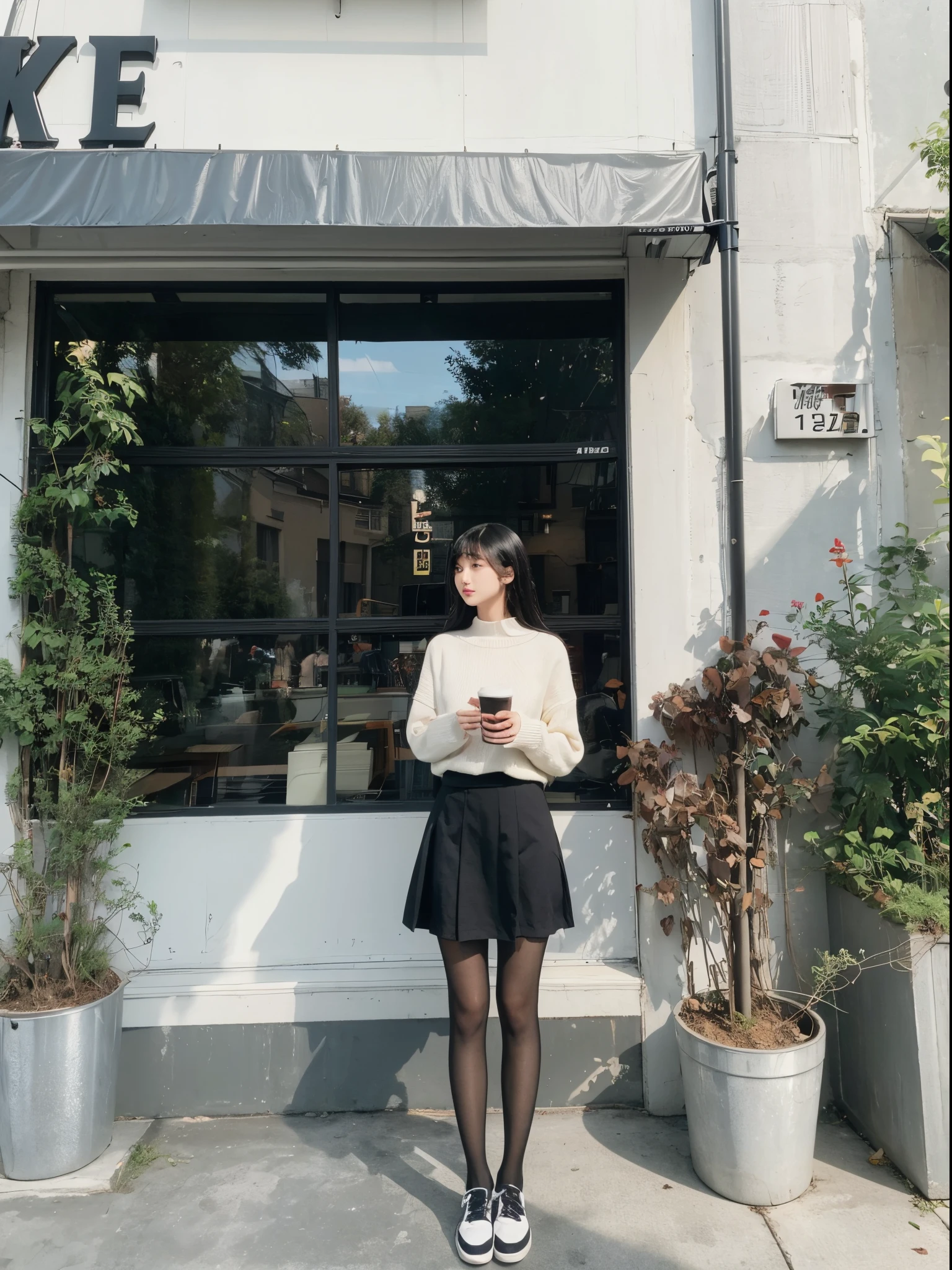 tmasterpiece, Best quality,1人,Sweaters,pleatedskirt,black pantyhoses,in front of the cafe, black hair color hair, actual,