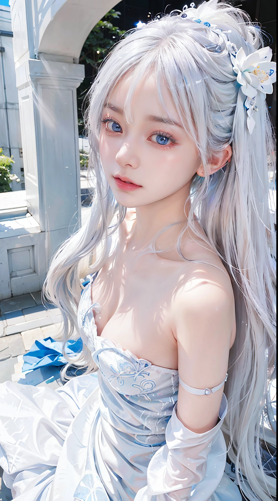 Ray Tracing,{Best quality},{ {masterpiece}},Extremely detailed 8k wallpaper,{An extremely delicate and beautiful},Colorful,Intricate details,Realism,White tight shirt wrap,(Detailed depiction of clothes),Cold white skin,(Carefully portray blush),1080P,sun,Soft,Smooth light silver hair,Messy Beauty,light,Sense of Brokenness,The skin is shiny and silky,3D stereoscopic,masterpiece,Best quality,Illustrations are super detailed,beautiful eyes,Very delicate light,Fine light,Very detailed 8K CG wallpaper,Peach Blossom Eyes,Red pupils,An extremely delicate and beautiful女孩,8k wallpaper,Best quality,noon,Pure lust beauty,Close-up half-length shot,White Chinese style long dress,Macro lens,Portraiture