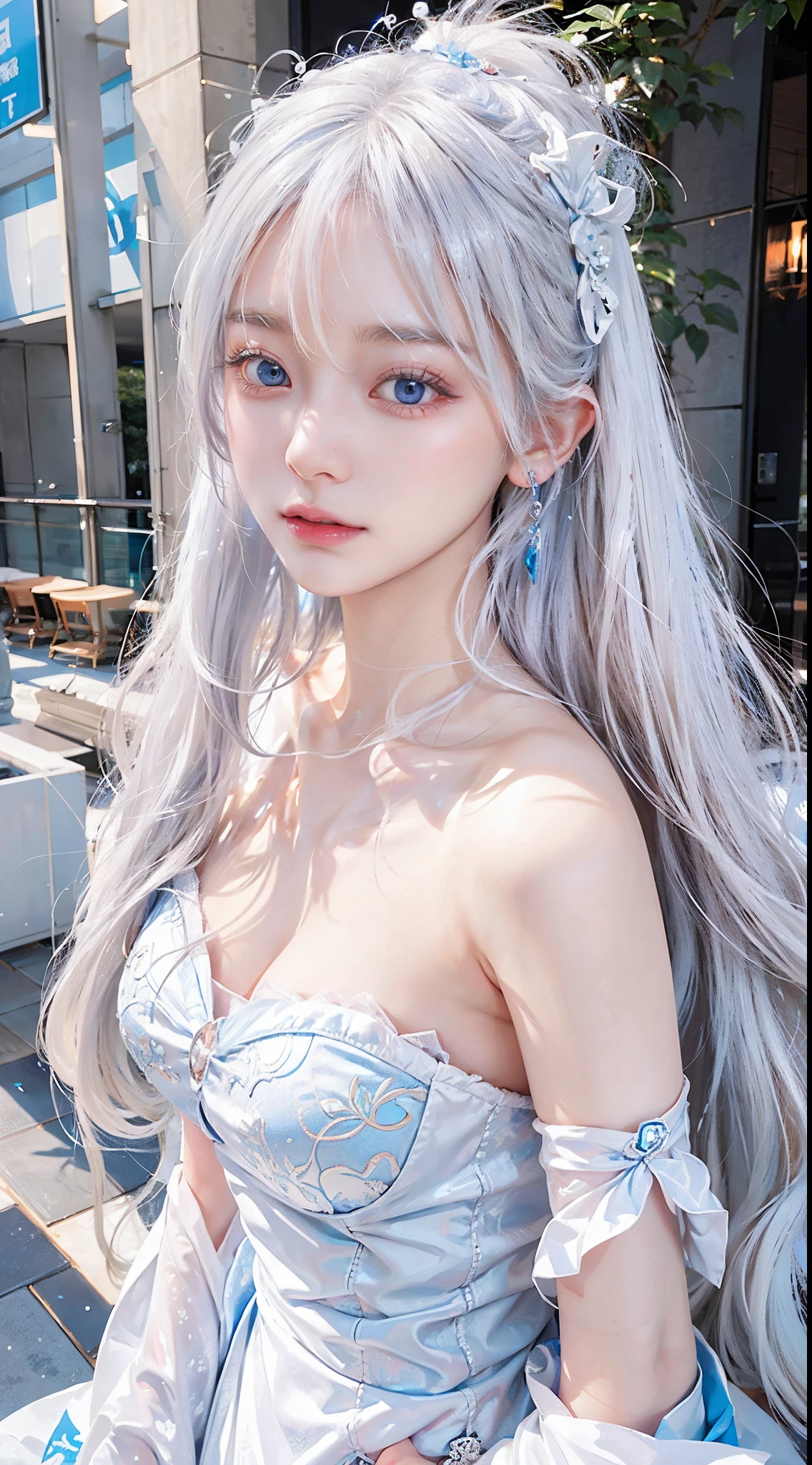 Has white hair and blue eyes、Extraordinary beautiful girl、Seems like a dreamlike existence。That white hair is swaying in the wind、Blue eyes sparkle like the clear sky。Her skin is pure white、Detailed features make your facial features more beautiful.。Her beauty lies in、Looks great on any background、Its appearance will fascinate everyone.。