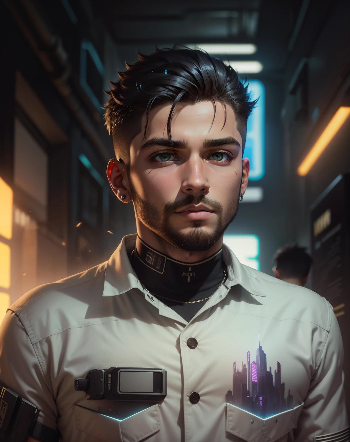 alterar plano de fundo,cyberpunk bonito,Rosto realista,8k,ultra realistic. Cabelos undercut, barba, de corpo inteiro