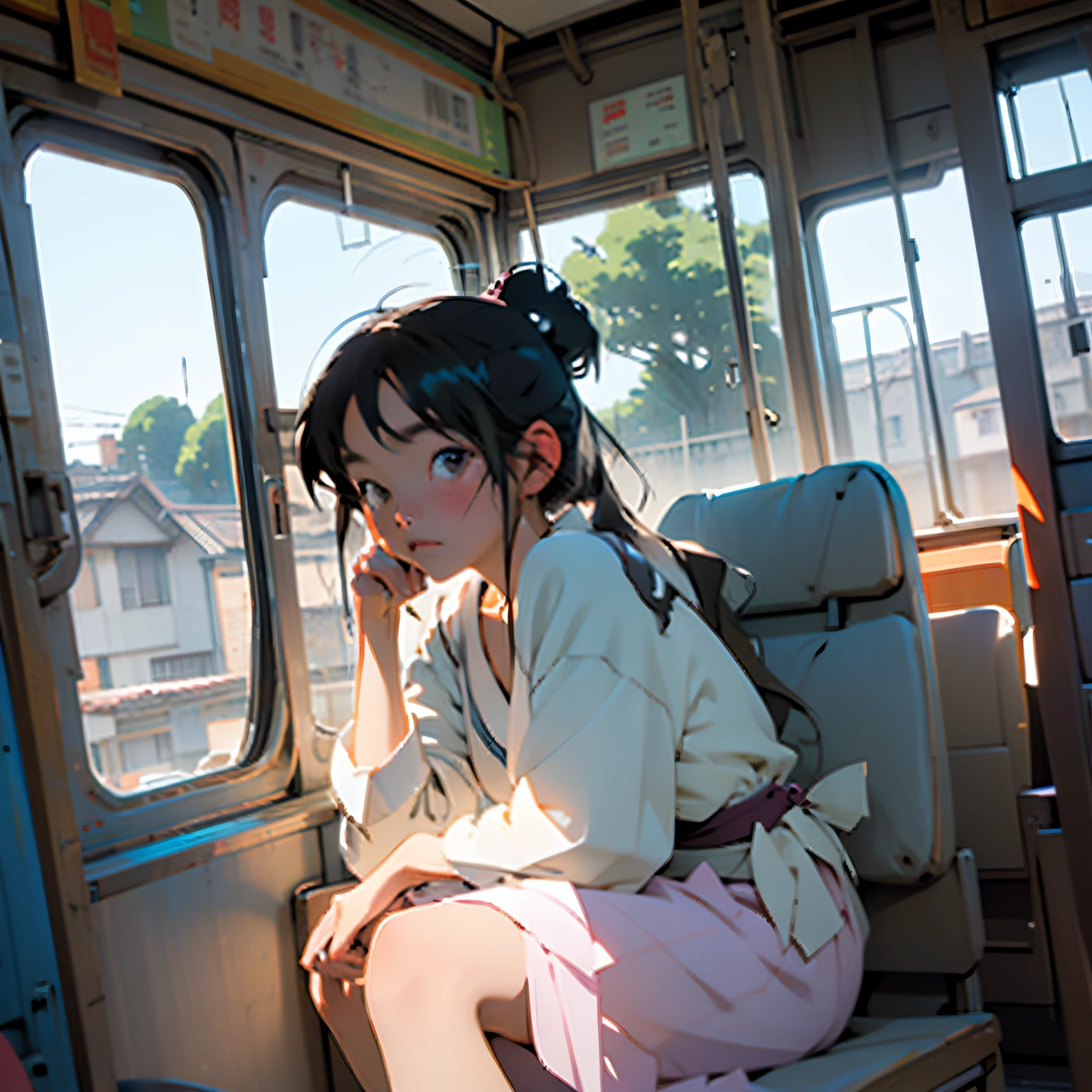 teenajargirl,japanese,sitting in the bus,ghibli style,looking out the window,