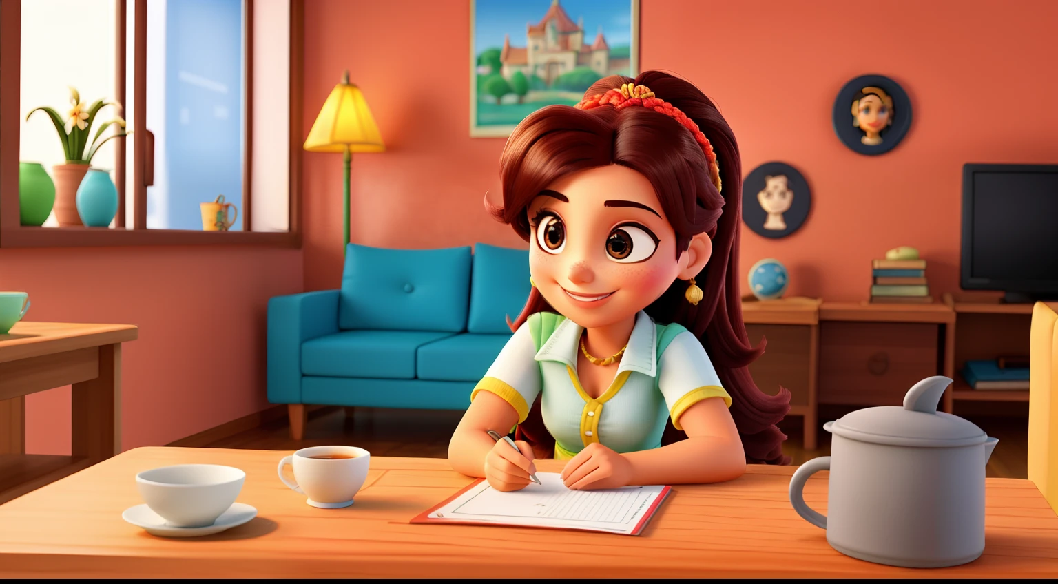 Uma mulher, branca cabelo ruivo, lhos castanho sorrindo. Ambiente; na sua casa sentada na mesa estilo Disney