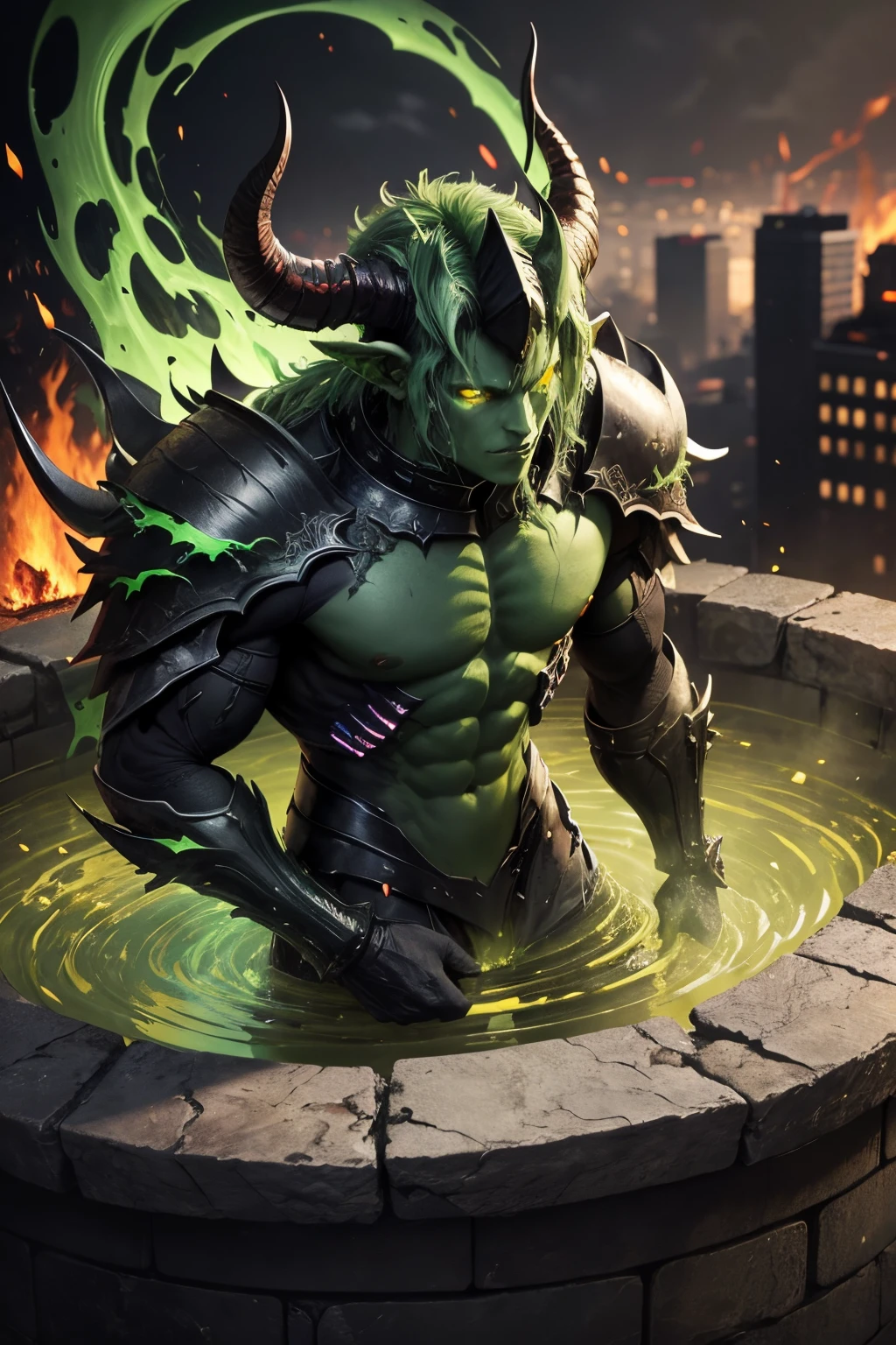 Male devil in hell,dark green body skin,Yellow eyes,light green horns,Put on gray stone armor.,The background is a well of acid and flames.,city in hell