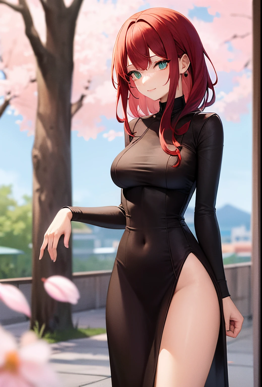 green-light eyes color, Masterpiece, 1girll, Solo, highlights in the eyes, Smile, red hair, Disheveled hair, stylish, 8K, Slim, Beautiful skin, medium breast, cherry blossom tree in background