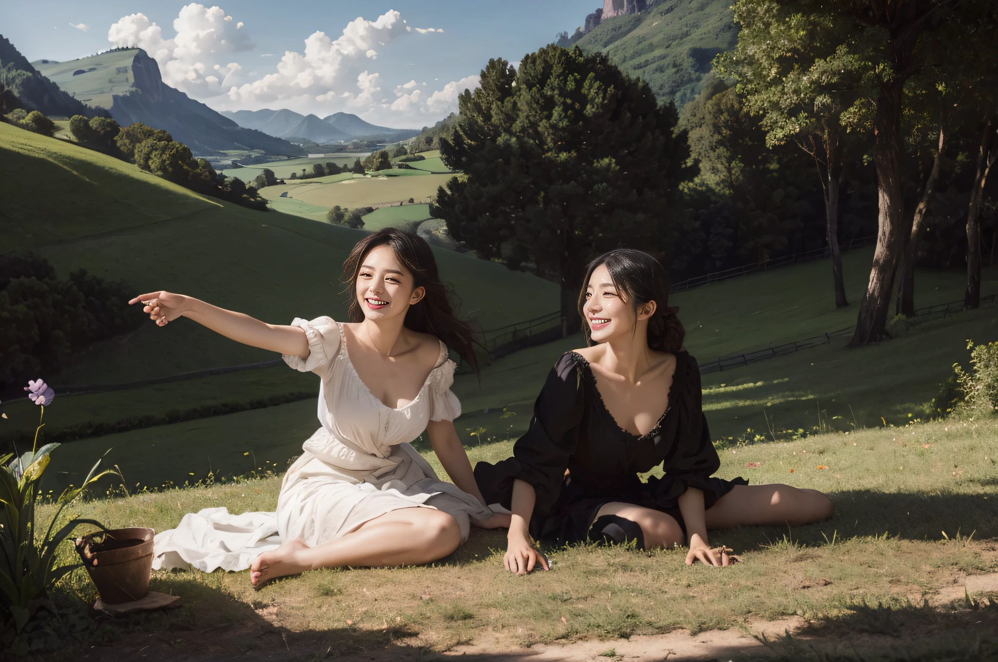 Poussin-style landscape,A smile,,Sweet and seductive appearance.、Caravaggio's paintings、Chiaroscuro of Caravaggio、Hair disheveled in the wind,Two women frolicking,Cute smile, Expression of ecstasy