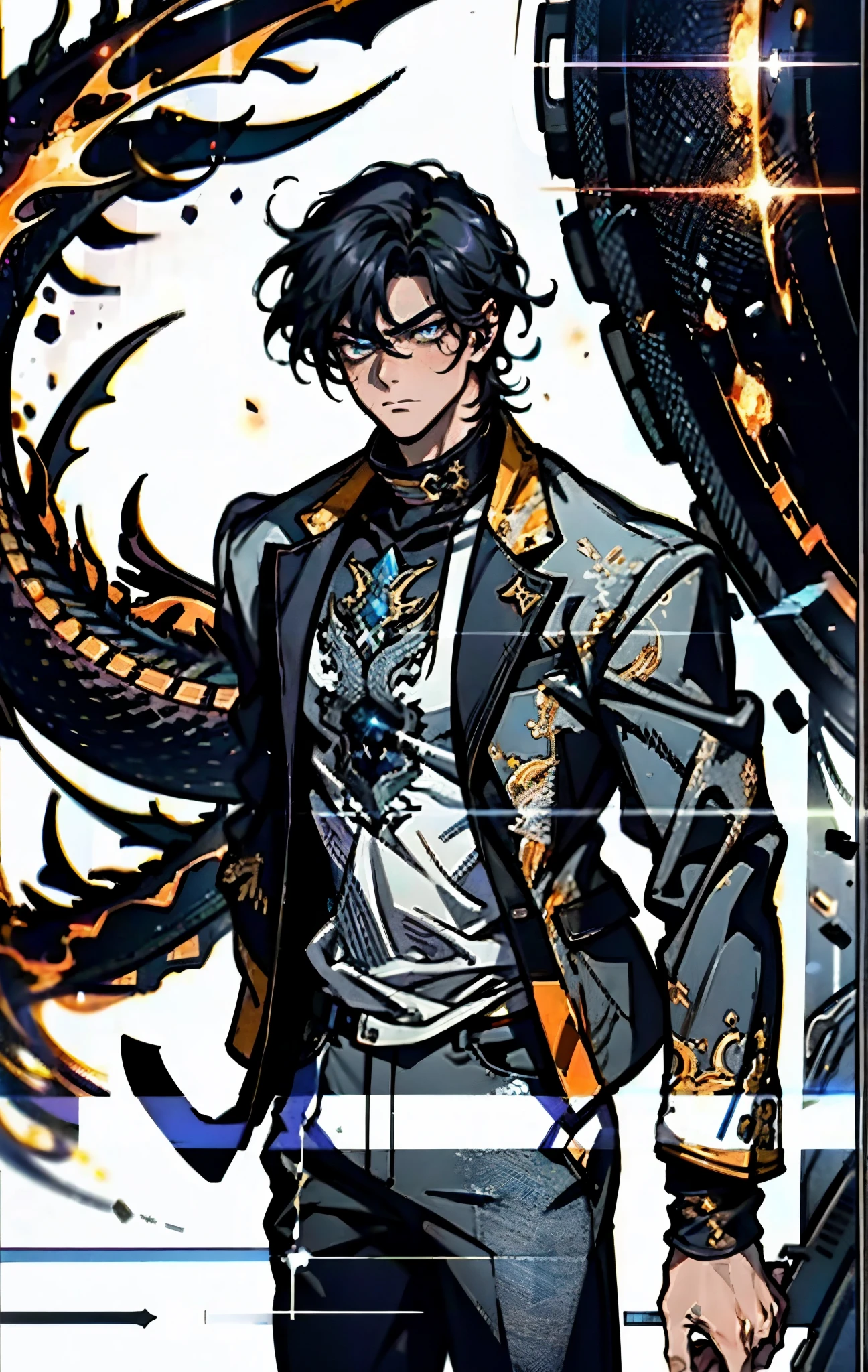 A young man, dark blue short hair, long bangs covering half of his face, sharp eyes, a long scar on his face, an expression of discontent, a fantasy-realistic style leather jacket over a dark undershirt, trousers that matching the outfit, black fire swirling around, the background depicts a menacing dragon formed by black flames, this character embodies a finely crafted fantasy-realistic in anime style, exquisite and mature manga art style, high definition, best quality, highres, ultra-detailed, ultra-fine painting, extremely delicate, professional, anatomically correct, symmetrical face, extremely detailed eyes and face, high quality eyes, creativity, RAW photo, UHD, 8k, Natural light, cinematic lighting, masterpiece-anatomy-perfect, masterpiece:1.5