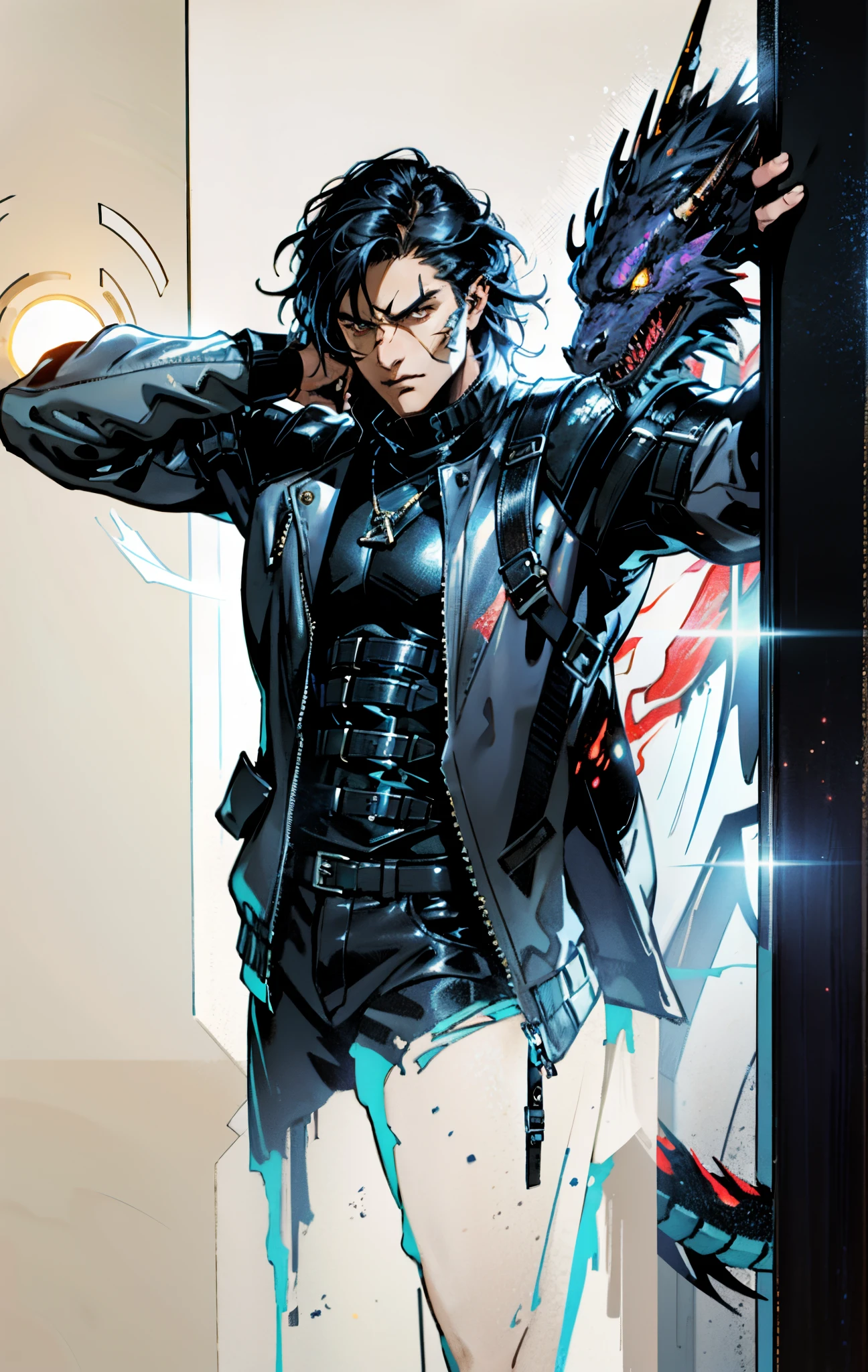 A young man, dark blue short hair, long bangs covering half of his face, sharp eyes, a long scar on his face, an expression of discontent, a fantasy-realistic style leather jacket over a dark undershirt, trousers that matching the outfit, black fire swirling around, the background depicts a menacing dragon formed by black flames, this character embodies a finely crafted fantasy-realistic in anime style, exquisite and mature manga+comic art style, high definition, best quality, highres, ultra-detailed, ultra-fine painting, extremely delicate, professional, anatomically correct, symmetrical face, extremely detailed eyes and face, high quality eyes, creativity, RAW photo, UHD, 8k, Natural light, cinematic lighting, masterpiece-anatomy-perfect, masterpiece:1.5