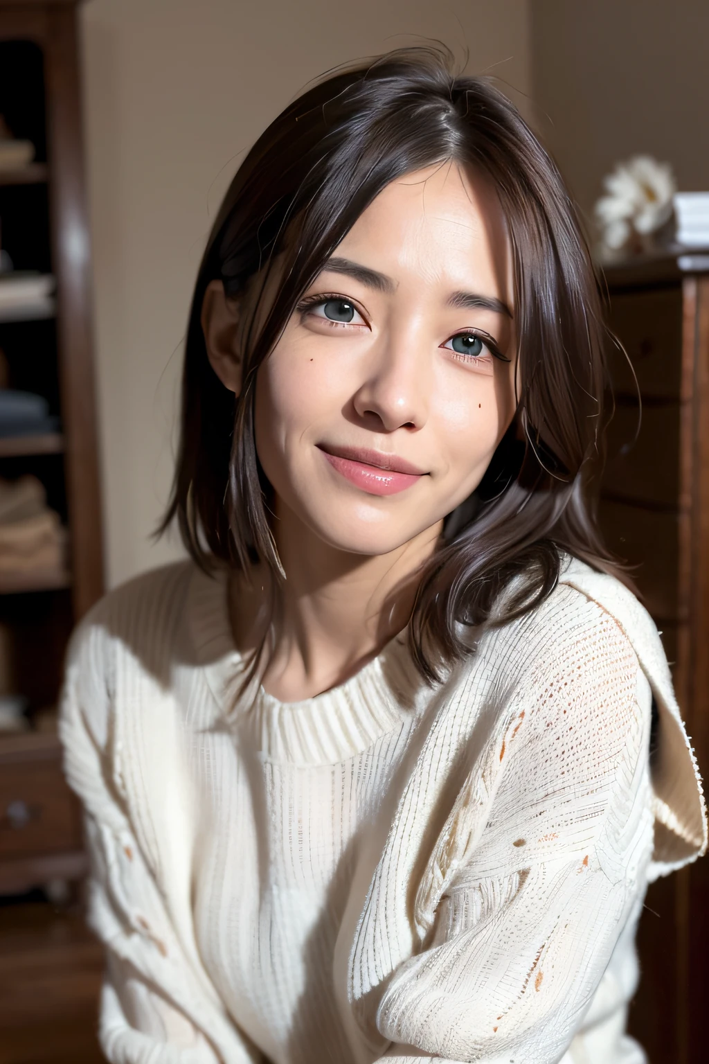 (Realistic, Photorealistic: 1.37), (8K, Raw photo, Best Quality, masutepiece: 1.2), Detailed face, Detailed eyes, Shy smile, hair messy, Rooms in old houses