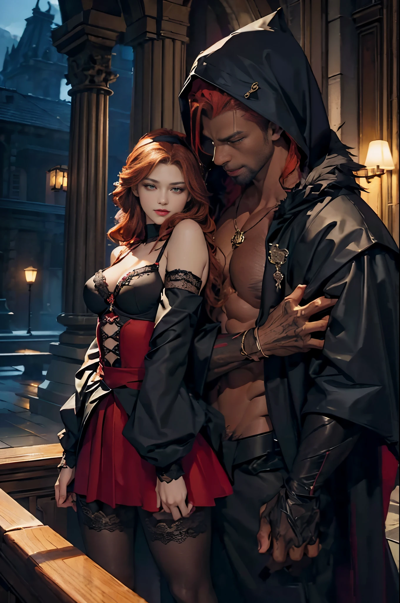 Depicts a powerful werewolf hugging a blonde girl,(((black humanoid wolf))),(((Black furry humanoid wolf))),(((beautiful sexy girl))),(((Girls wear:red head band, cloaks, Large bra, a skirt, red long skirt,laced dress))),((Sexual suggestiveness)),Correct anatomy,Detailed faces, 詳細な目,(((the right proportions))),The city at night,The lights came on,romantic love story,Warm pictures,warm color palette,フォトリアリスティック,ultra real photo,