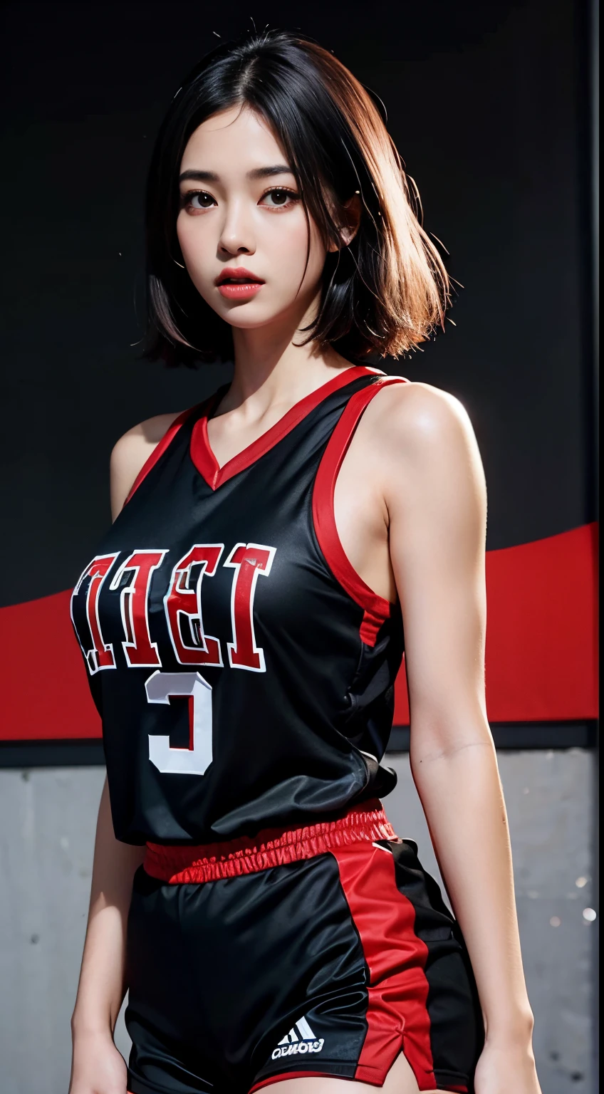 Woman in basketball uniform, at school, cute, pink jersey, high ponytail