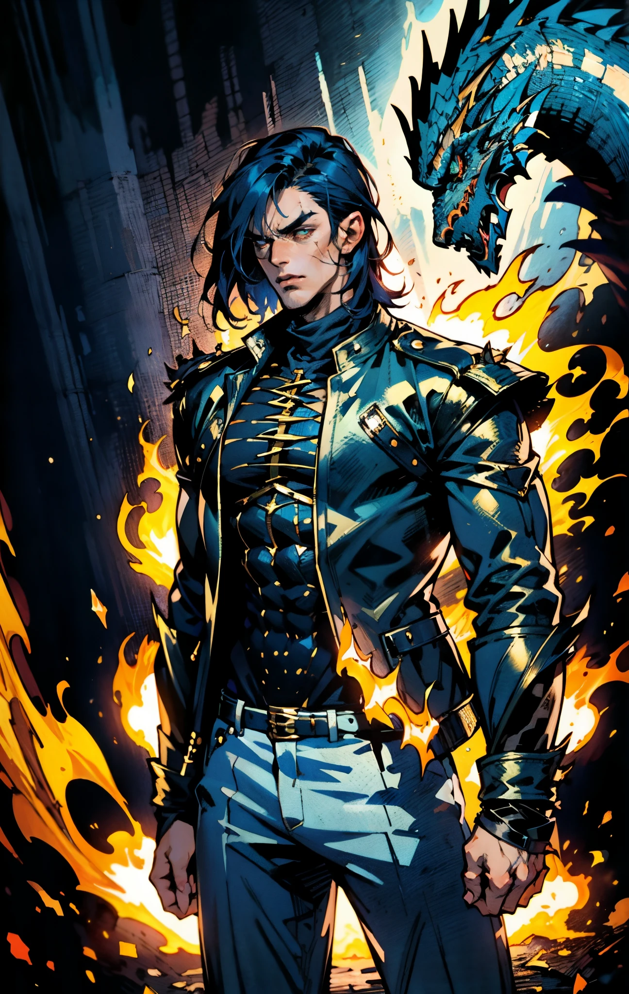 A young man, dark blue short hair, long bangs covering half of his face, sharp eyes, a long scar on his face, an expression of discontent, a fantasy-realistic style leather jacket over a dark undershirt, trousers that matching the outfit, black fire swirling around, the background depicts a menacing dragon formed by black flames, this character embodies a finely crafted fantasy-realistic in anime style, exquisite and mature manga+comic art style, high definition, best quality, highres, ultra-detailed, ultra-fine painting, extremely delicate, professional, anatomically correct, symmetrical face, extremely detailed eyes and face, high quality eyes, creativity, RAW photo, UHD, 8k, Natural light, cinematic lighting, masterpiece-anatomy-perfect, masterpiece:1.5