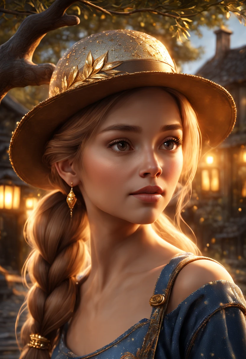 1Mysterious Woman, Jeans, Top, Fully Detailed , Beauty Face, Natural Face, Complex Effects, Detailed Tree, Detailed Hat, Old Village, Floating Light, Golden Theme, Hyperrealism, 16k, High Detailed, High Quality, Sparkle Particals, Beautifull, No Make Up, Emily, Looking At Another Side, Very Long Golden Hair, Ponytail, Mysterious Girl, Surrealism, Pov, depth of field, sparkle, reflection light, backlighting, blending, image fill, vignetting, 8k, super detail, ccurate, best quality, UHD, masterpiece, ccurate, high details, super detail, award winning, best quality, highres, HD, 1080P, 8k, 4K, 16k, anatomically correct, textured skin