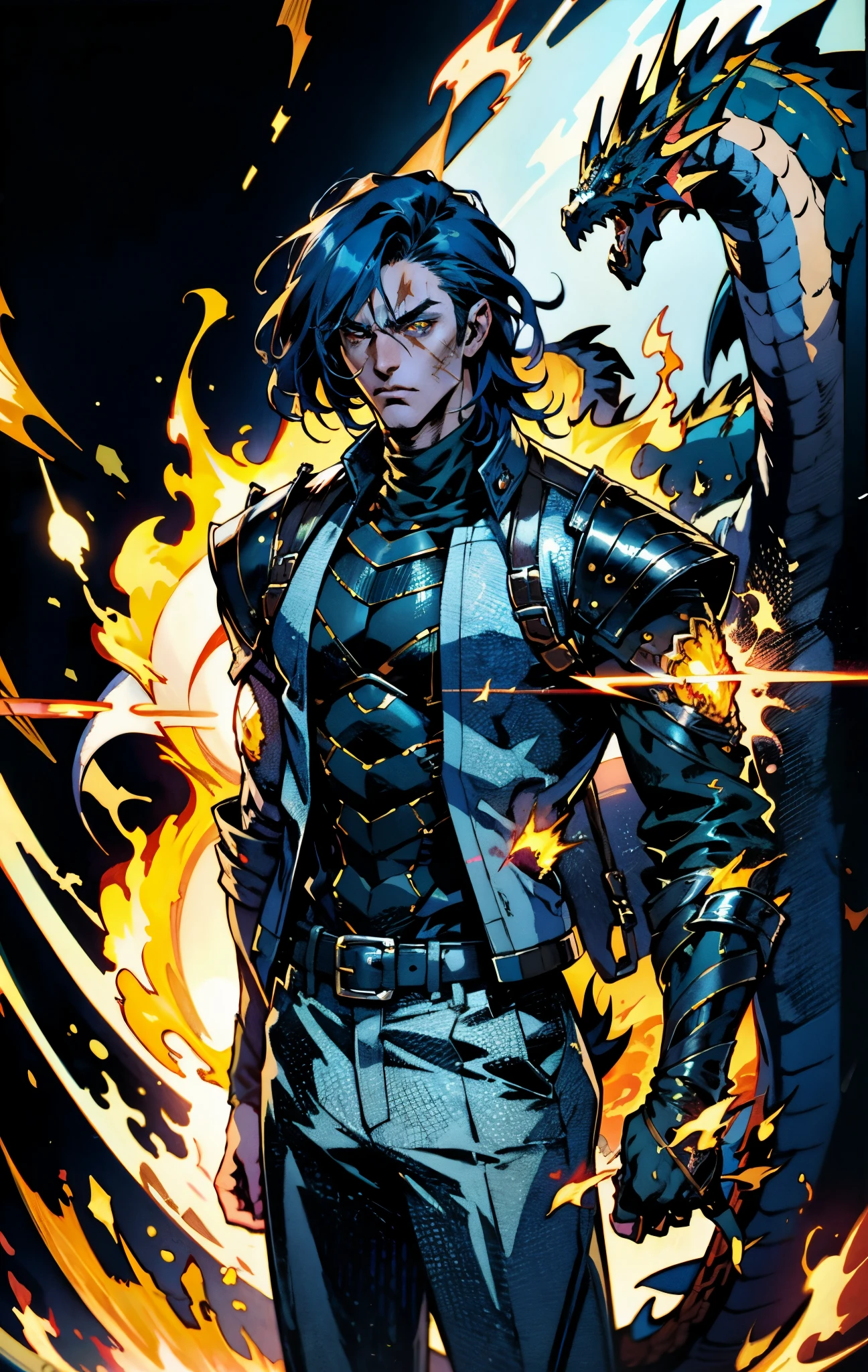 A young man, dark blue short hair, long bangs covering half of his face, sharp eyes, a long scar on his face, an expression of discontent, a fantasy-realistic style leather jacket over a dark undershirt, trousers that matching the outfit, black fire swirling around, the background depicts a menacing dragon formed by black flames, this character embodies a finely crafted fantasy-realistic in anime style, exquisite and mature manga+comic art style, high definition, best quality, highres, ultra-detailed, ultra-fine painting, extremely delicate, professional, anatomically correct, symmetrical face, extremely detailed eyes and face, high quality eyes, creativity, RAW photo, UHD, 8k, Natural light, cinematic lighting, masterpiece-anatomy-perfect, masterpiece:1.5