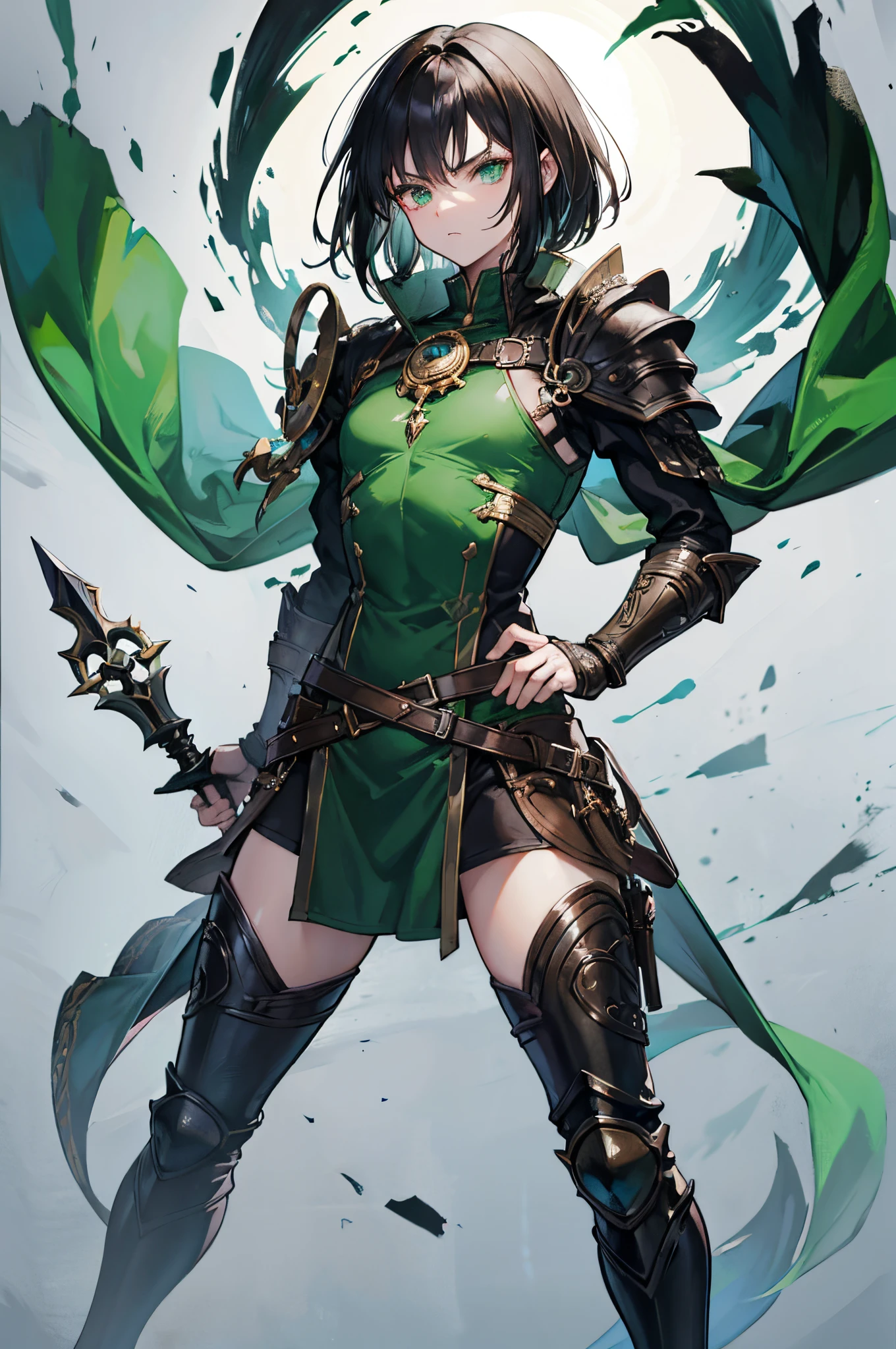 Black hair, green eyes, dnd male halfling, indifferent facial expression, rogue, light armor, full body portrait, wearing monocle, holding polearm, flat chest, defined muscle, delicate androgynous prince