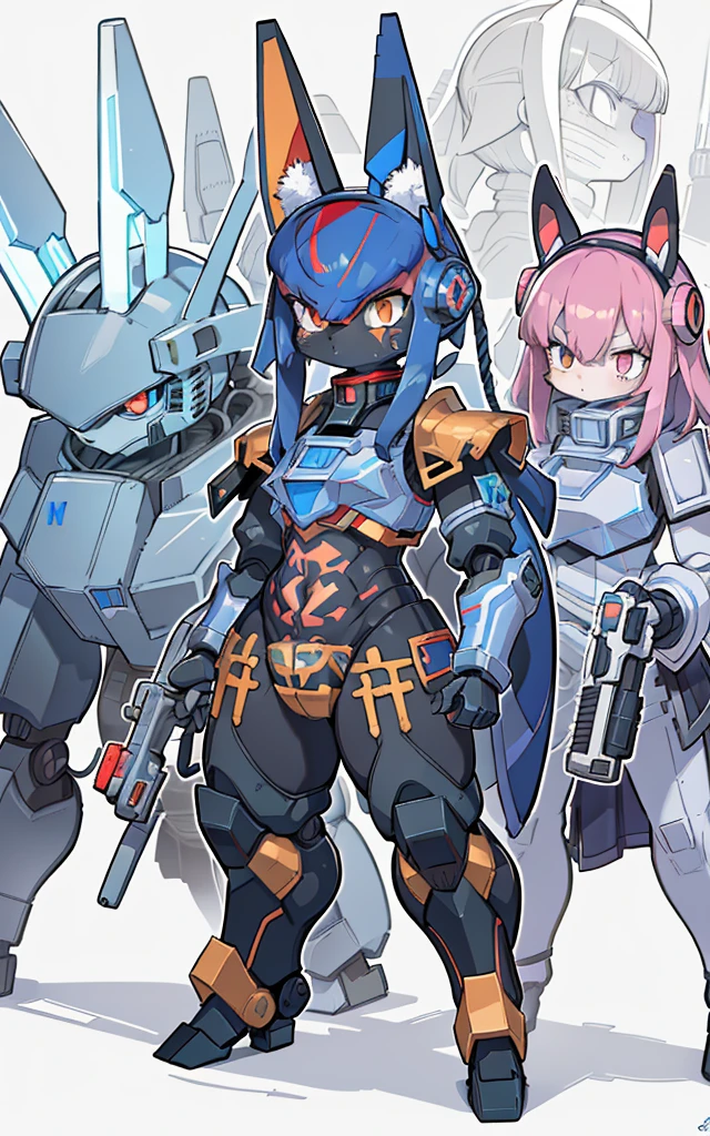 Cartoon image of robot rabbit holding gun, mecha cyber armor, Cool mech style, mechasuit, Full robot full body mecha suit, cyber fight armor, wearing cyber armor, anime mecha armor, Purple armor, Complex assassin mecha, Mecha Inspiration, Trio, three roles, Spatial perspective, The vision becomes blurred