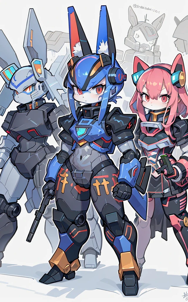 Cartoon image of robot rabbit holding gun, mecha cyber armor, Cool mech style, mechasuit, Full robot full body mecha suit, cyber fight armor, wearing cyber armor, anime mecha armor, Purple armor, Complex assassin mecha, Mecha Inspiration, Trio, three roles, Spatial perspective, The vision becomes blurred