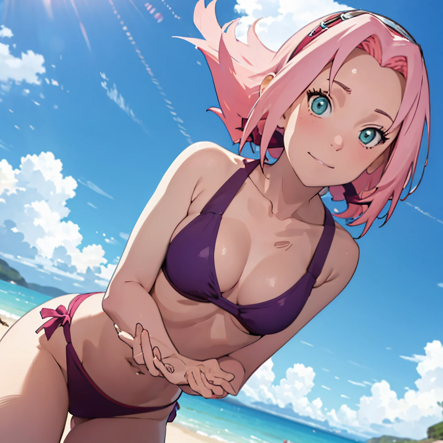 Sakura wearing a purple bikini on the beach