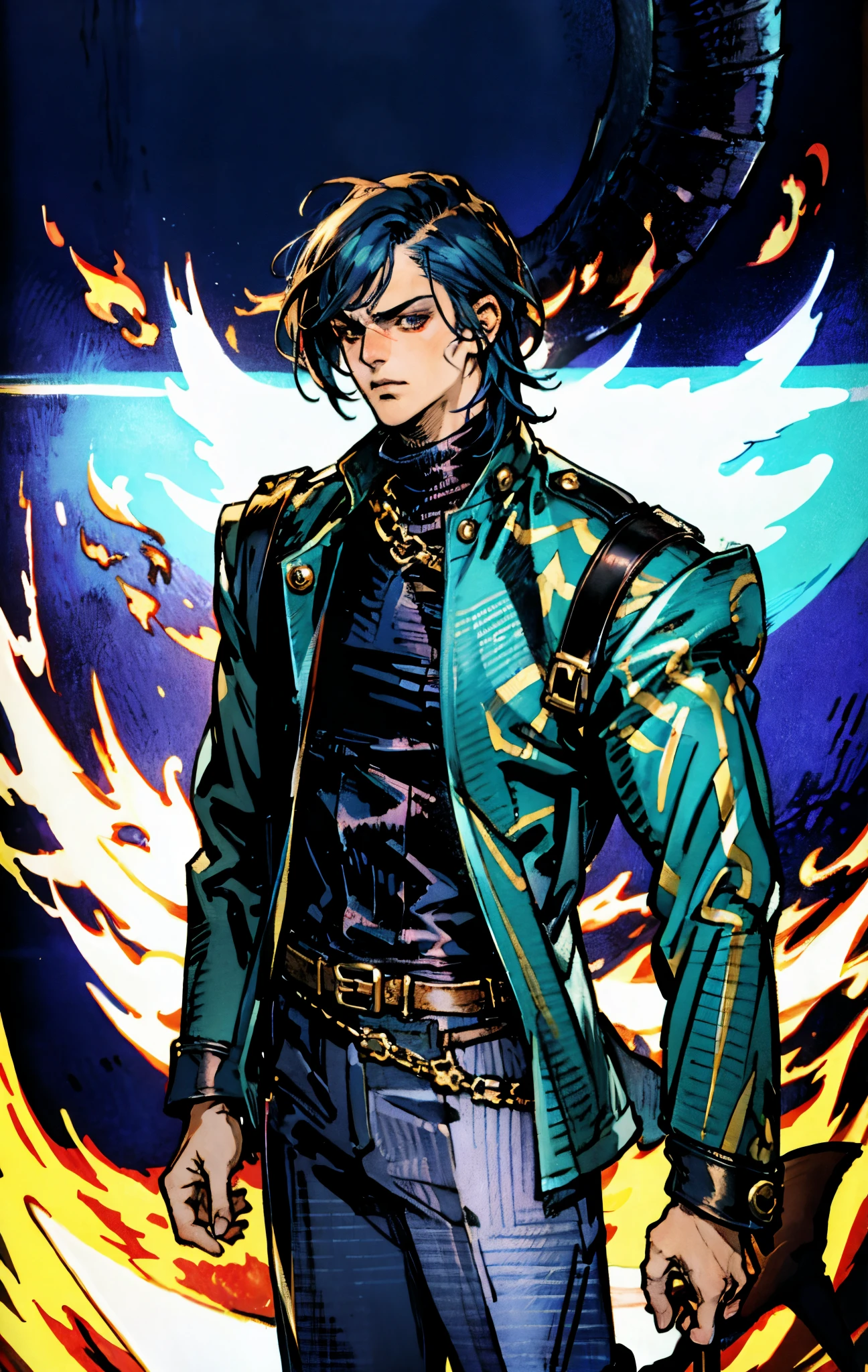 A young man, dark blue short hair, long bangs covering half of his face, sharp eyes, a long scar on his face, an expression of discontent, a fantasy-realistic style leather jacket over a dark undershirt, trousers that matching the outfit, black fire swirling around, the background depicts a menacing dragon formed by black flames, this character embodies a finely crafted fantasy-realistic in anime style, exquisite and mature manga art style, high definition, best quality, highres, ultra-detailed, ultra-fine painting, extremely delicate, professional, anatomically correct, symmetrical face, extremely detailed eyes and face, high quality eyes, creativity, RAW photo, UHD, 8k, Natural light, cinematic lighting, masterpiece-anatomy-perfect, masterpiece:1.5