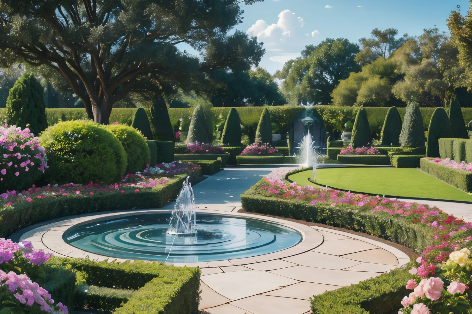 The Royal Gardens, meticulously designed, a harmonious combination of nature and landscaping, colorful flowers, neatly trimmed bushes, Water fountains gently gush