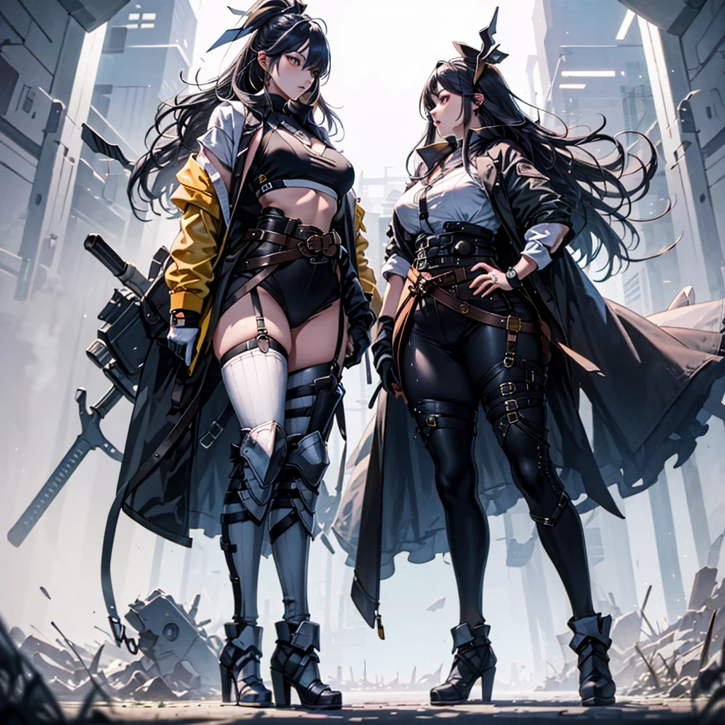 ((highest quality)), ((masterpiece)), (be familiar with), (High definition), 8K, Perfect Face、2Women、Two blonde women with cat ears、((LOL))、((Two people riding on a Drone Bike))、tall、2 Blonde cat ears、2. Long Hair、2. Volumetric hair style、Large Breasts、Narrow waist、Big Ass、glamorous、Alluring、protector、Armor、combat suit、Combat Boots、Armament、Equipped with large firearms、Cinematic、Best Shadow、Side lighting、NEO TOKYO、riot、explosion、tank、(Close-up of face)