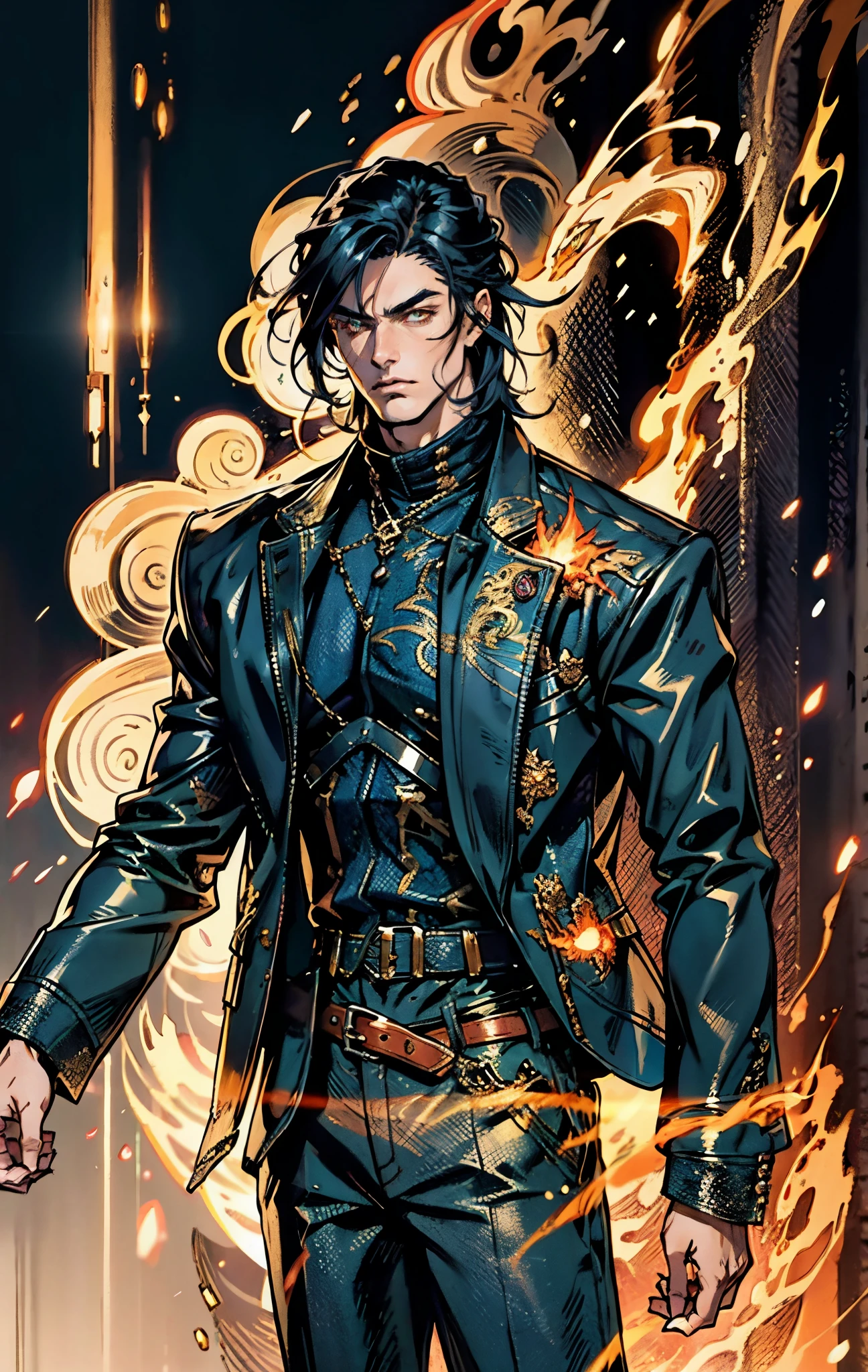 A young man, dark blue short hair, long bangs covering half of his face, sharp eyes, a long scar on his face, an expression of discontent, a fantasy-realistic style leather jacket over a dark undershirt, trousers that matching the outfit, black fire swirling around, the background depicts a menacing dragon formed by black flames, this character embodies a finely crafted fantasy-realistic in anime style, exquisite and mature manga art style, high definition, best quality, highres, ultra-detailed, ultra-fine painting, extremely delicate, professional, anatomically correct, symmetrical face, extremely detailed eyes and face, high quality eyes, creativity, RAW photo, UHD, 8k, Natural light, cinematic lighting, masterpiece-anatomy-perfect, masterpiece:1.5