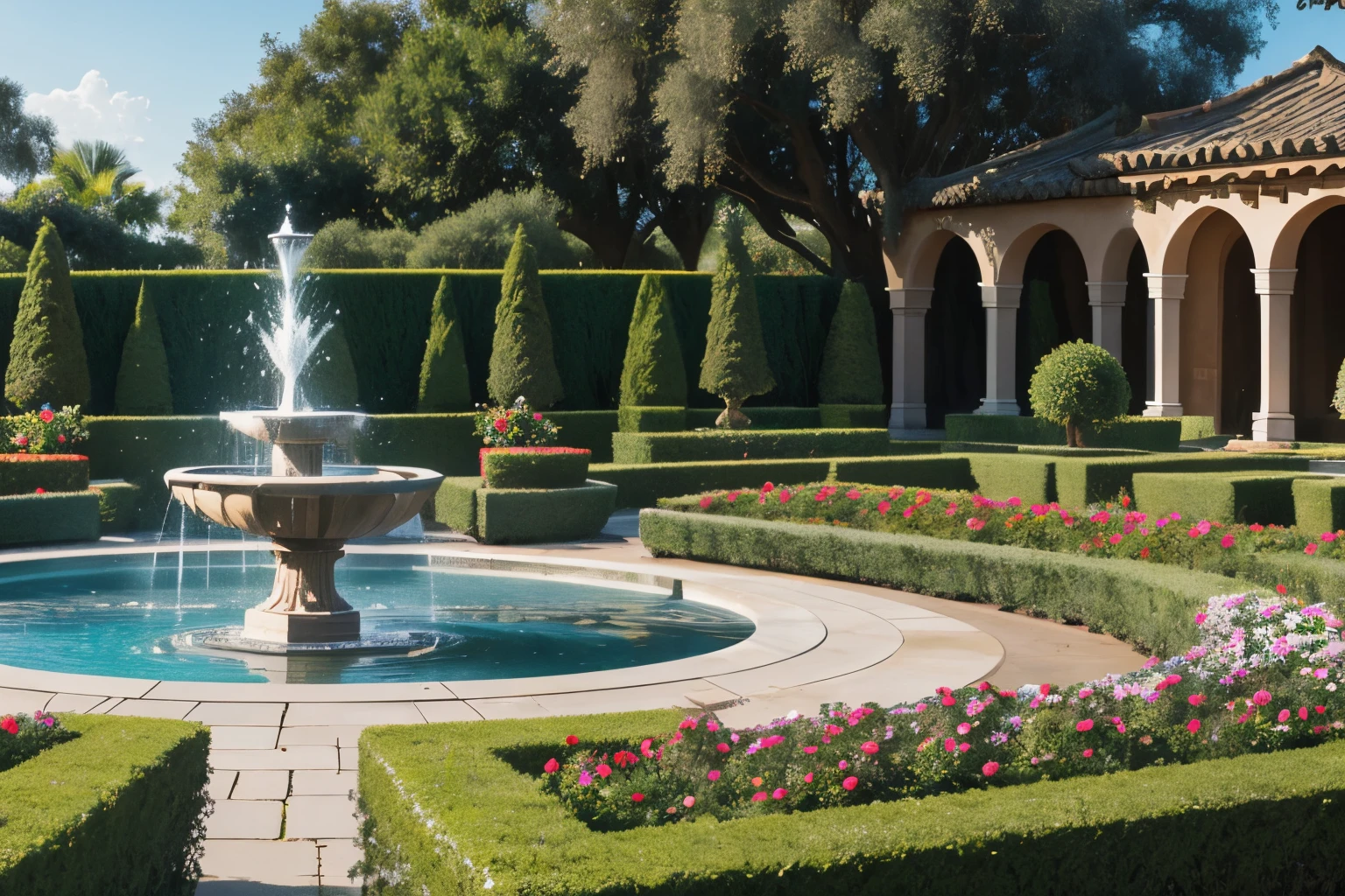 The Royal Gardens, meticulously designed, a harmonious combination of nature and landscaping, colorful flowers, neatly trimmed bushes, Water fountains gently gush