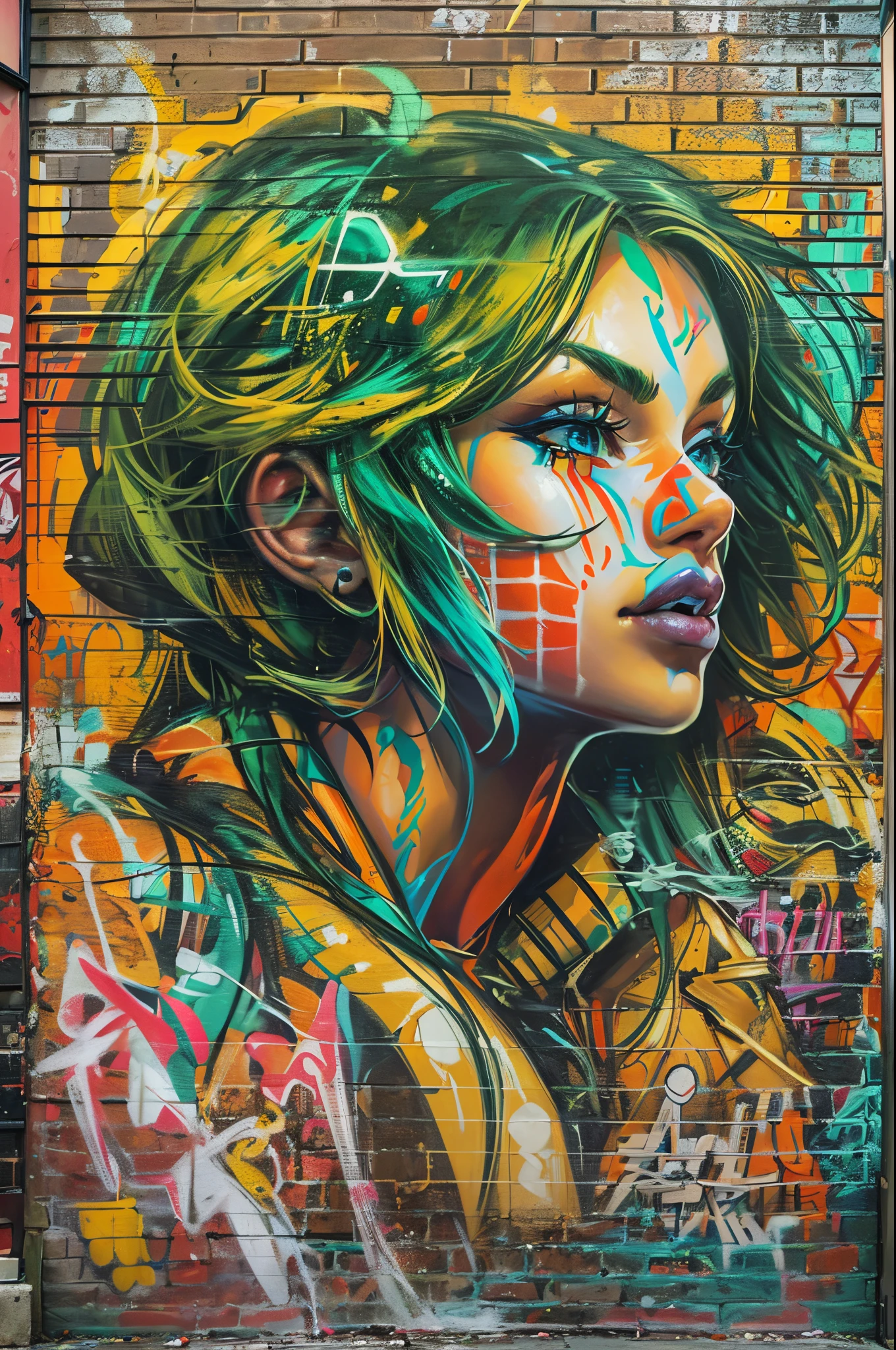 painting of nude squatting European woman,(perfect hourglass figure),(perfect perky tits), Grafitti art by Carne Griffiths, on a photographic brick wall background