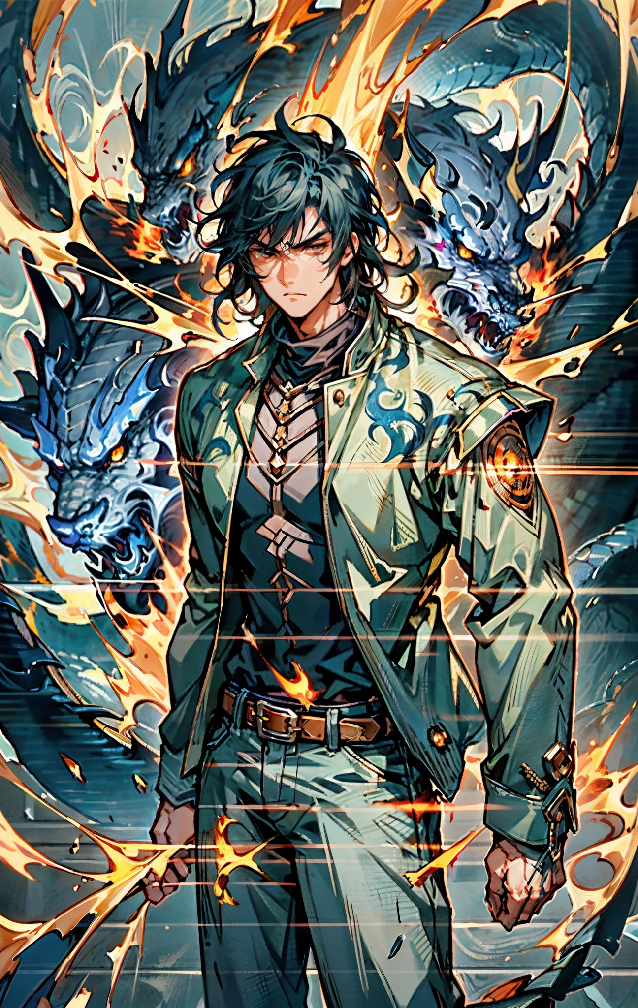 A young man, dark blue short hair, long bangs covering half of his face, sharp eyes, a long scar on his face, an expression of discontent, a fantasy-realistic style leather jacket over a dark undershirt, trousers that matching the outfit, black fire swirling around, the background depicts a menacing dragon formed by black flames, this character embodies a finely crafted fantasy-realistic in anime style, exquisite and mature manga art style, high definition, best quality, highres, ultra-detailed, ultra-fine painting, extremely delicate, professional, anatomically correct, symmetrical face, extremely detailed eyes and face, high quality eyes, creativity, RAW photo, UHD, 8k, Natural light, cinematic lighting, masterpiece-anatomy-perfect, masterpiece:1.5