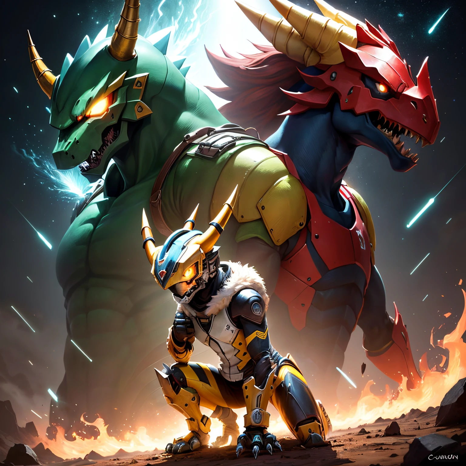 Obras maestras,Arte Oficial,Anthro,masculino,(Wargreymon:1.2),cara delicada,ojos delicados,casco, armadura, cuerno, Digimon, Parte superior del cuerpo, Profundidad de campo, Perfect lighting, light particles,(La mejor calidad),(Obra maestra),(Ultra detallado),foco nítido,light particles