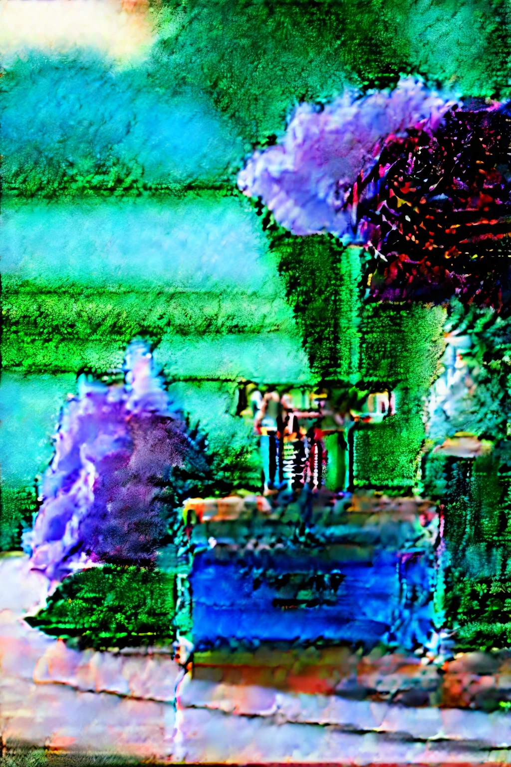 Oil-based glass perfume next to a bunch of flowers on a table with a sky background and a green background of products and aromatic notes